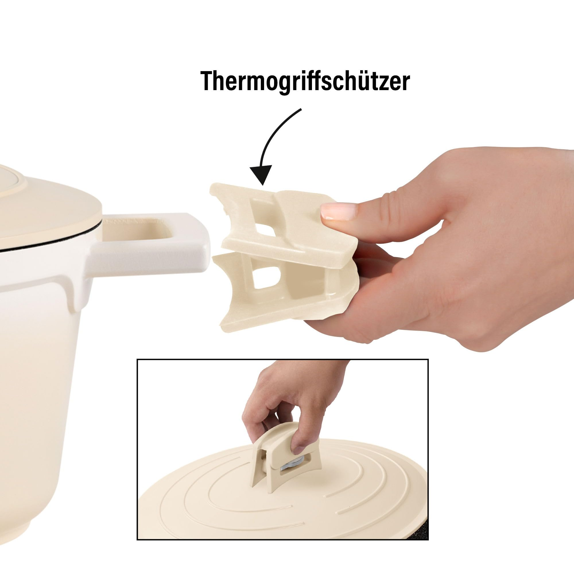 Hand hält einen beige Thermogriffschützer, der auf einen Topfgriff und Deckelknopf gesteckt wird.