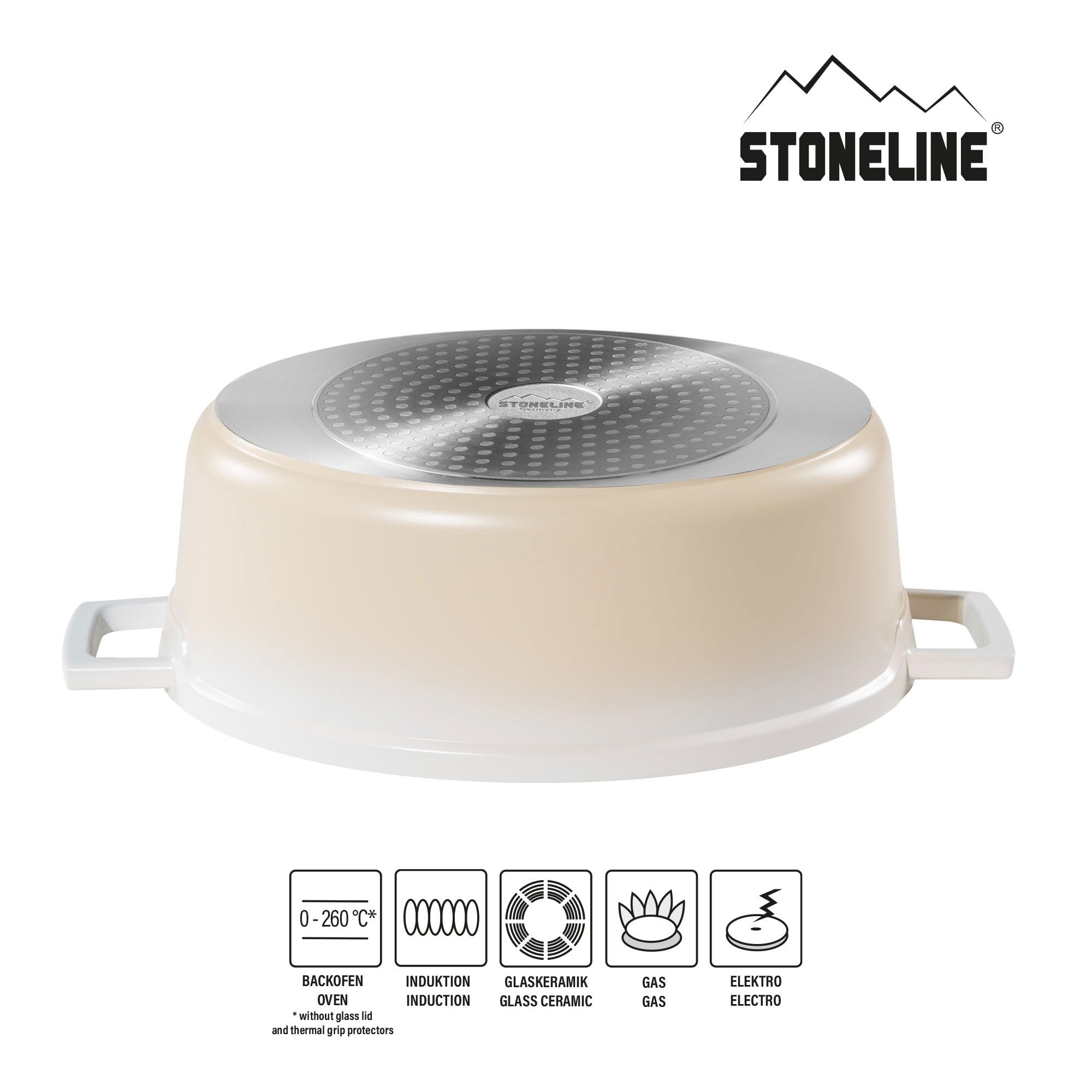 Cremefarbener Stoneline-Topf auf dem Kopf, zeigt den Stahlboden und das Logo.