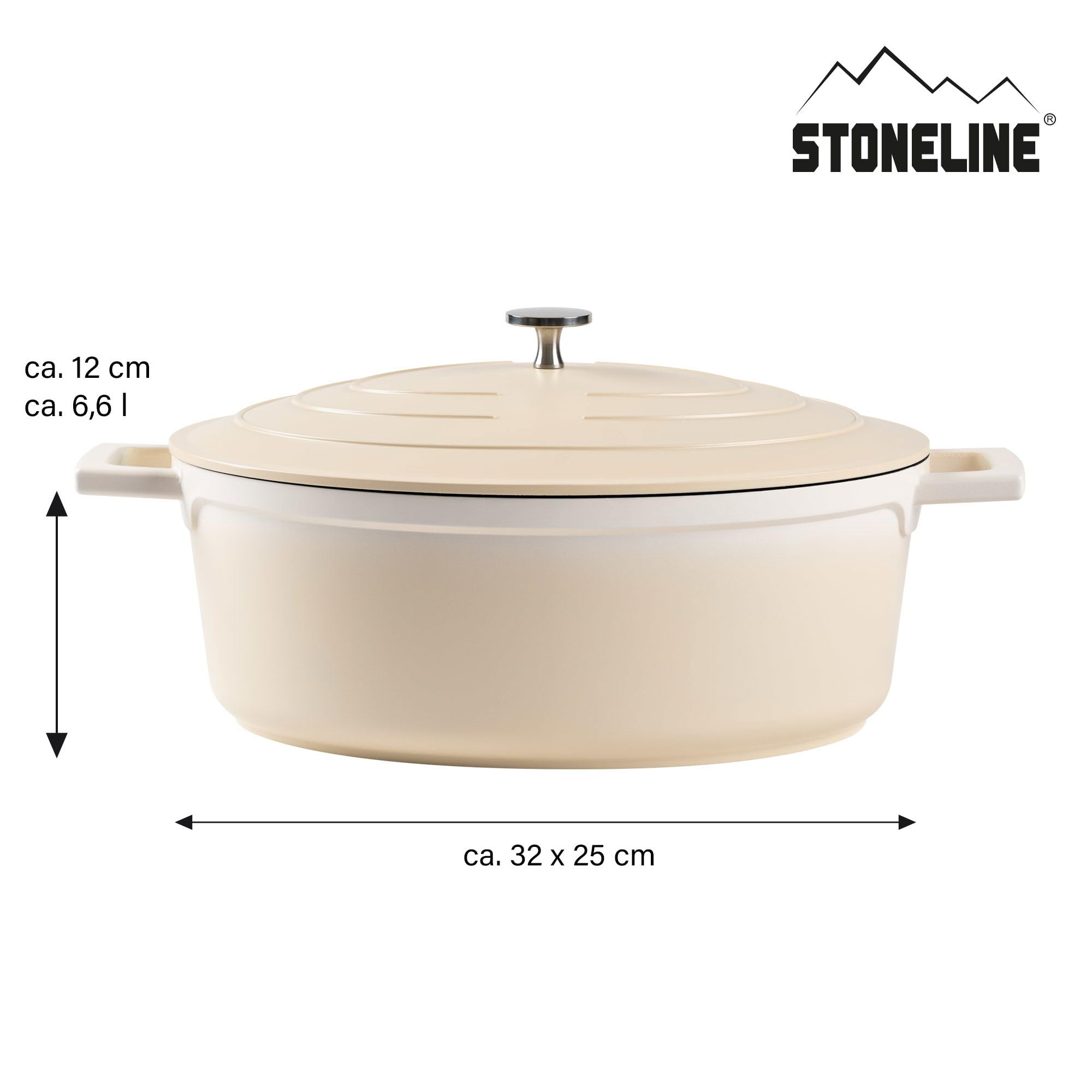 Beiger Stoneline-Schmortopf mit Deckel, Maße: 32x25 cm, 12 cm hoch, 6,6 Liter.