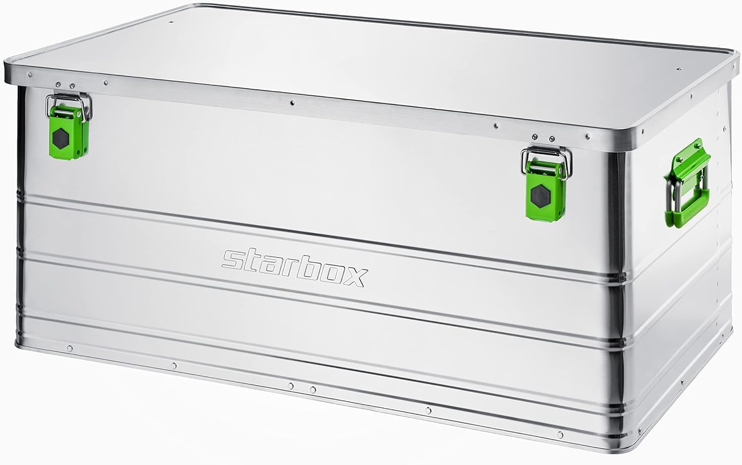 Una cassa di stoccaggio starbox in metallo argentato con chiusure verde brillante su sfondo bianco.
