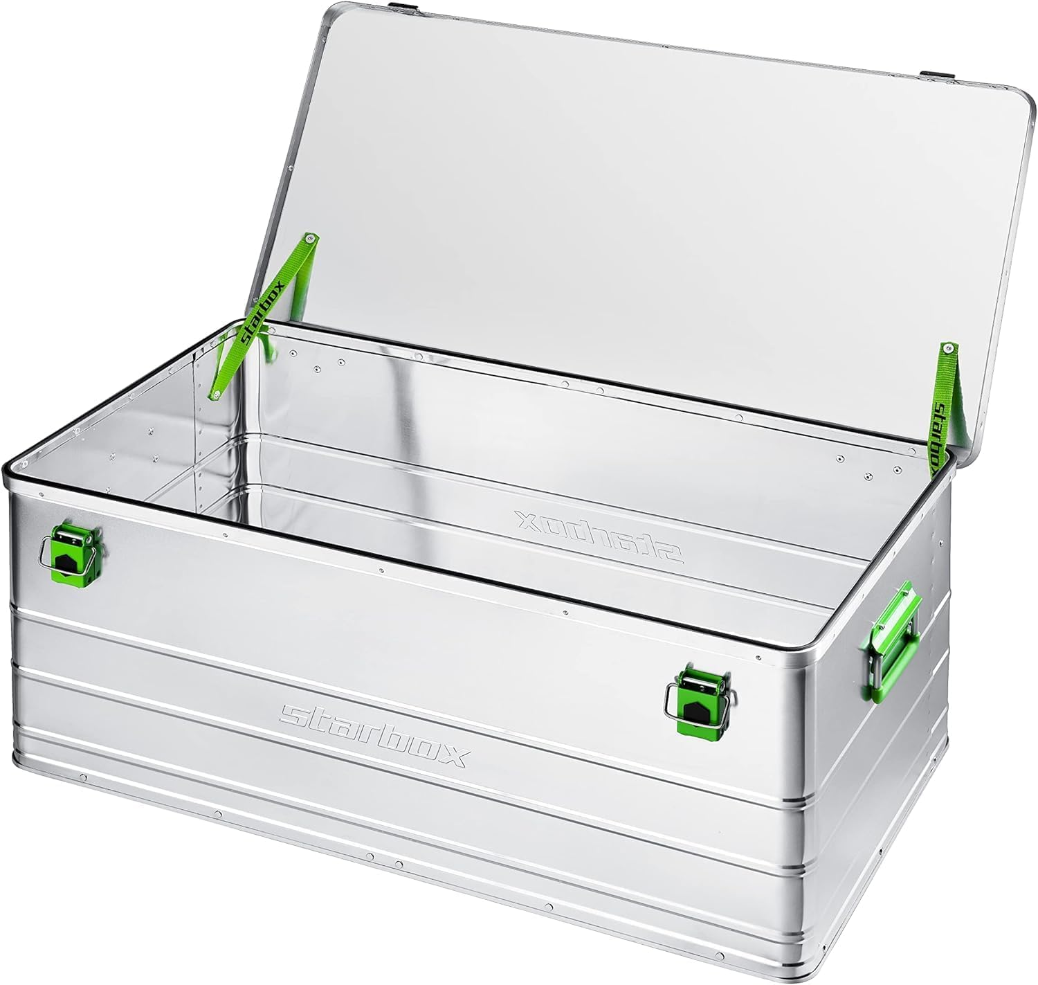 Una scatola di immagazzinaggio in alluminio lucido aperta con maniglie e chiusure verdi, con il marchio Starbox.