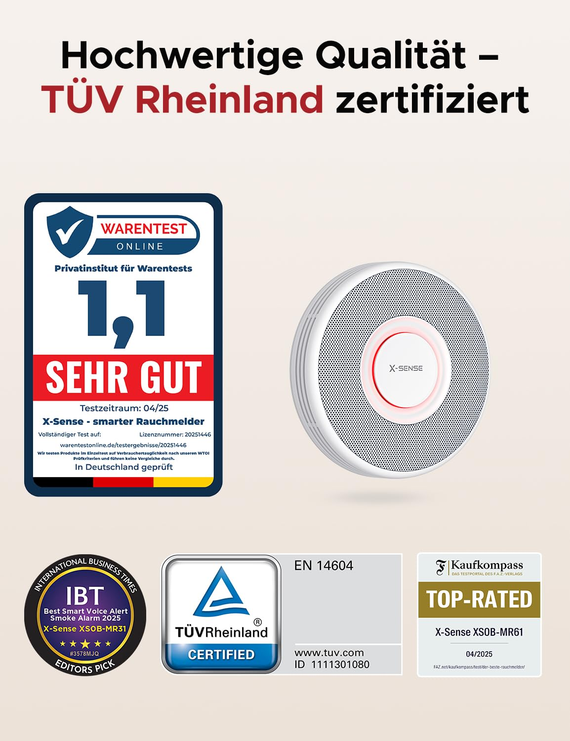 Rilevatore di fumo con certificato TÜV e risultato Ottimo.