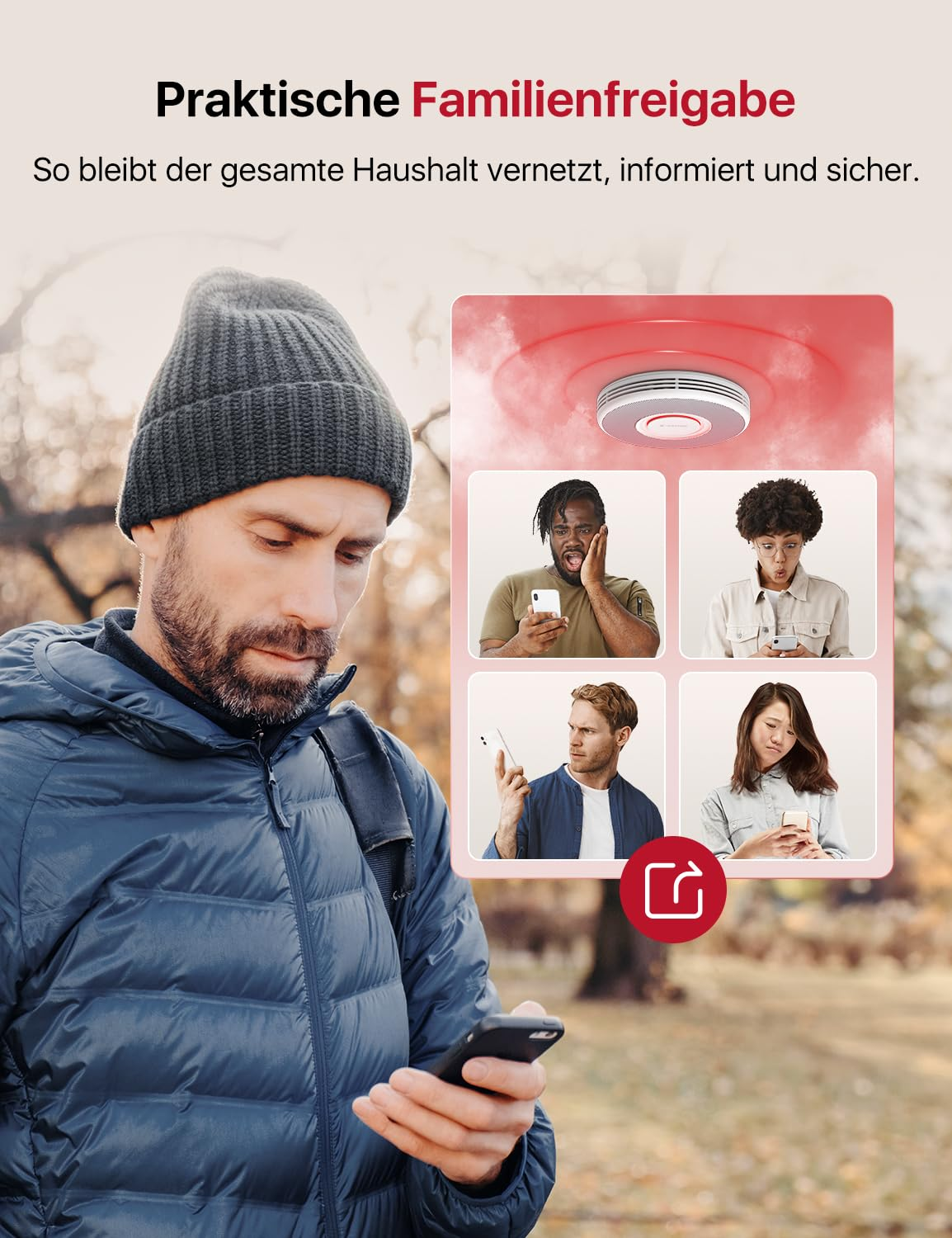Un uomo con cappotto invernale guarda lo smartphone mentre un riquadro mostra quattro persone con cellulari e un rilevatore di fumo.
