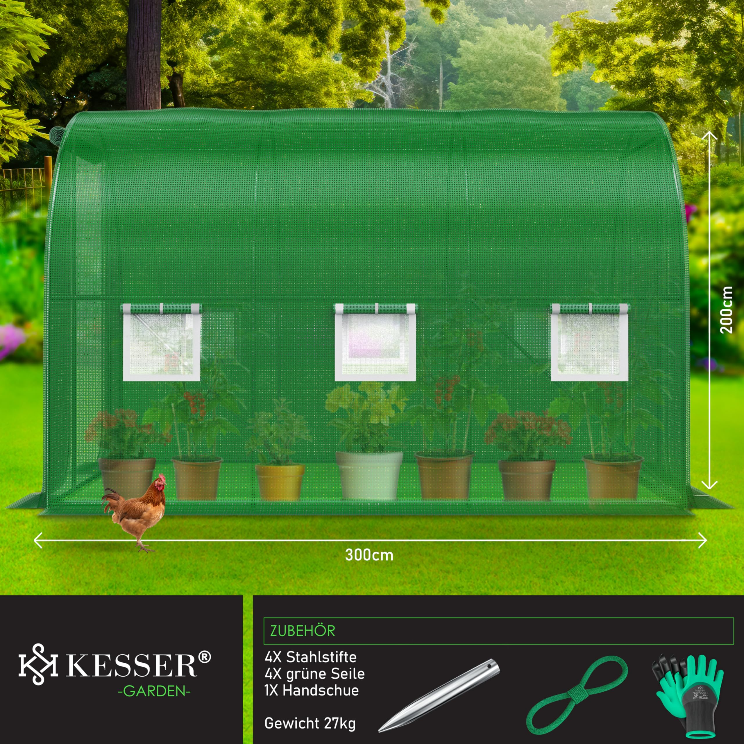 Serre verte avec des plantes et une poule sur la pelouse, montrant dimensions et accessoires.