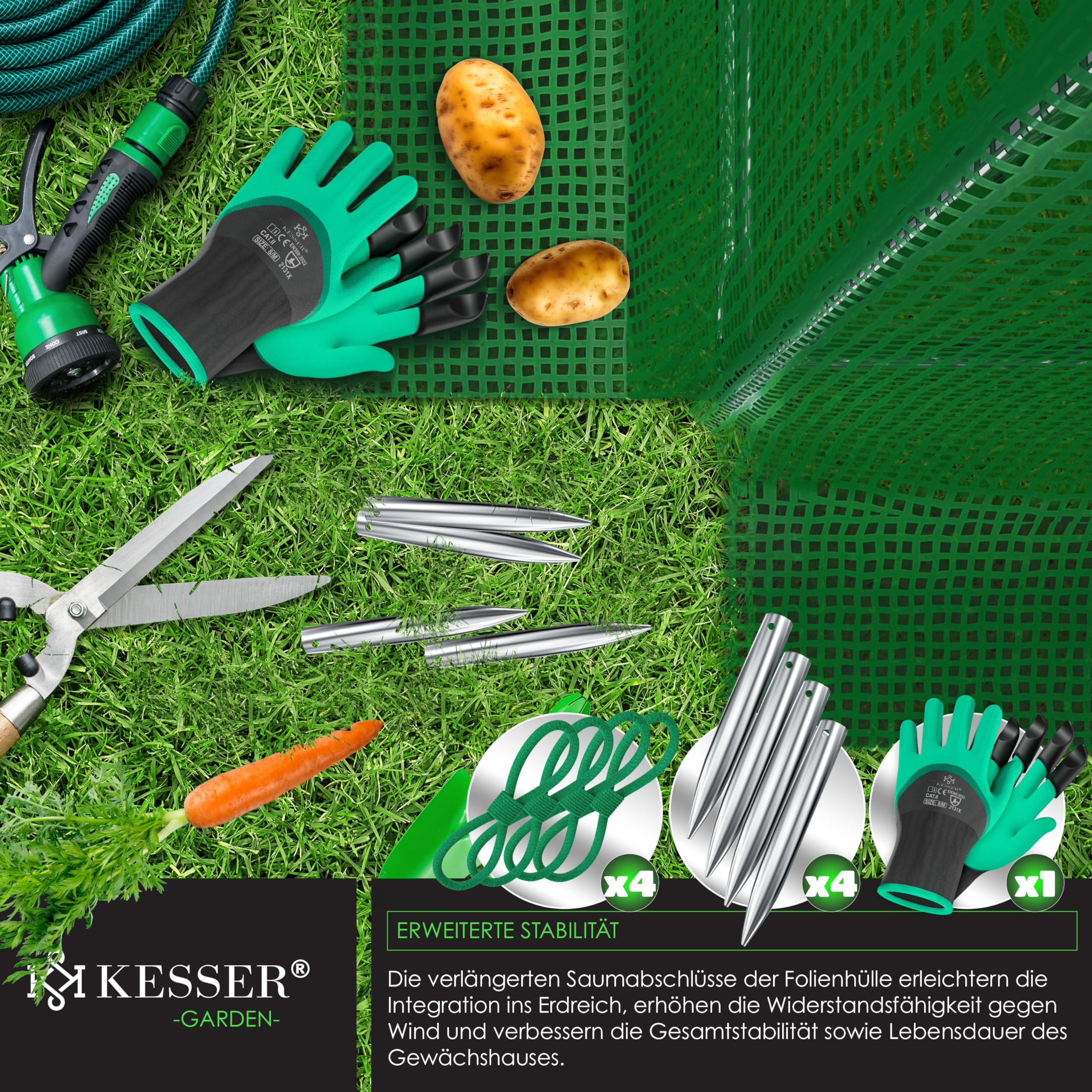 Accessoires de jardin sur pelouse : gants, ciseaux, corde, piquets, tuyau, pommes de terre, carotte et bâche verte.