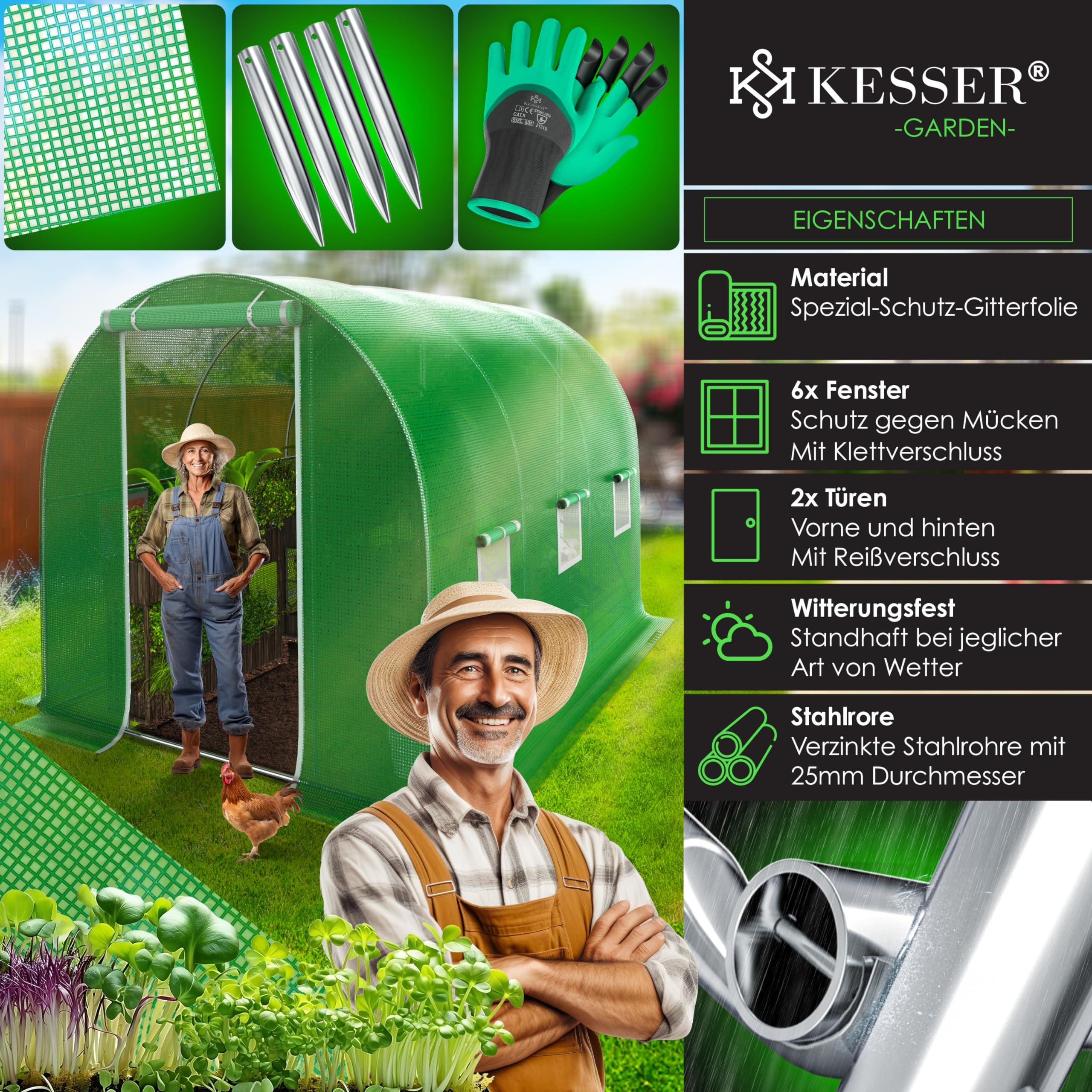 Serre de jardin verte Kesser avec des jardiniers souriants, des accessoires et des caractéristiques.