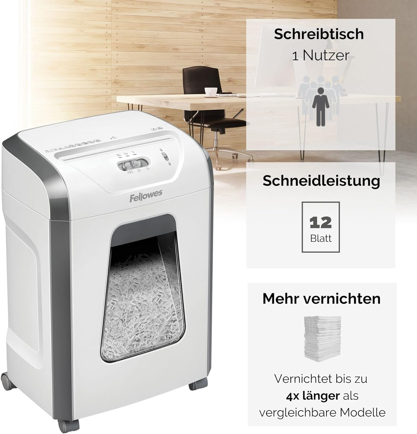Weißer Fellowes Aktenvernichter in einem Büro mit Infografiken zu Leistung und Kapazität.