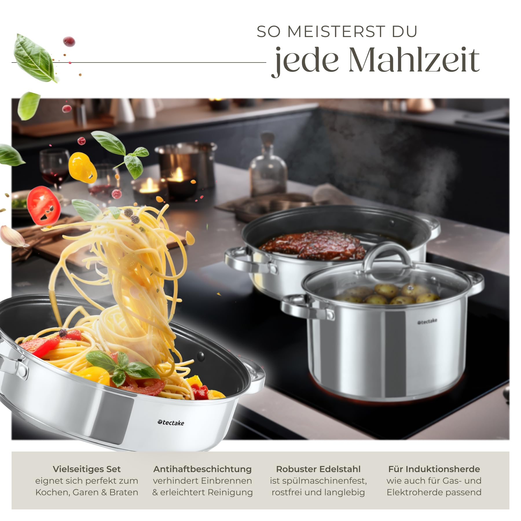 Batterie de cuisine en acier inoxydable sur plaque à induction avec spaghettis volants et légumes frais.