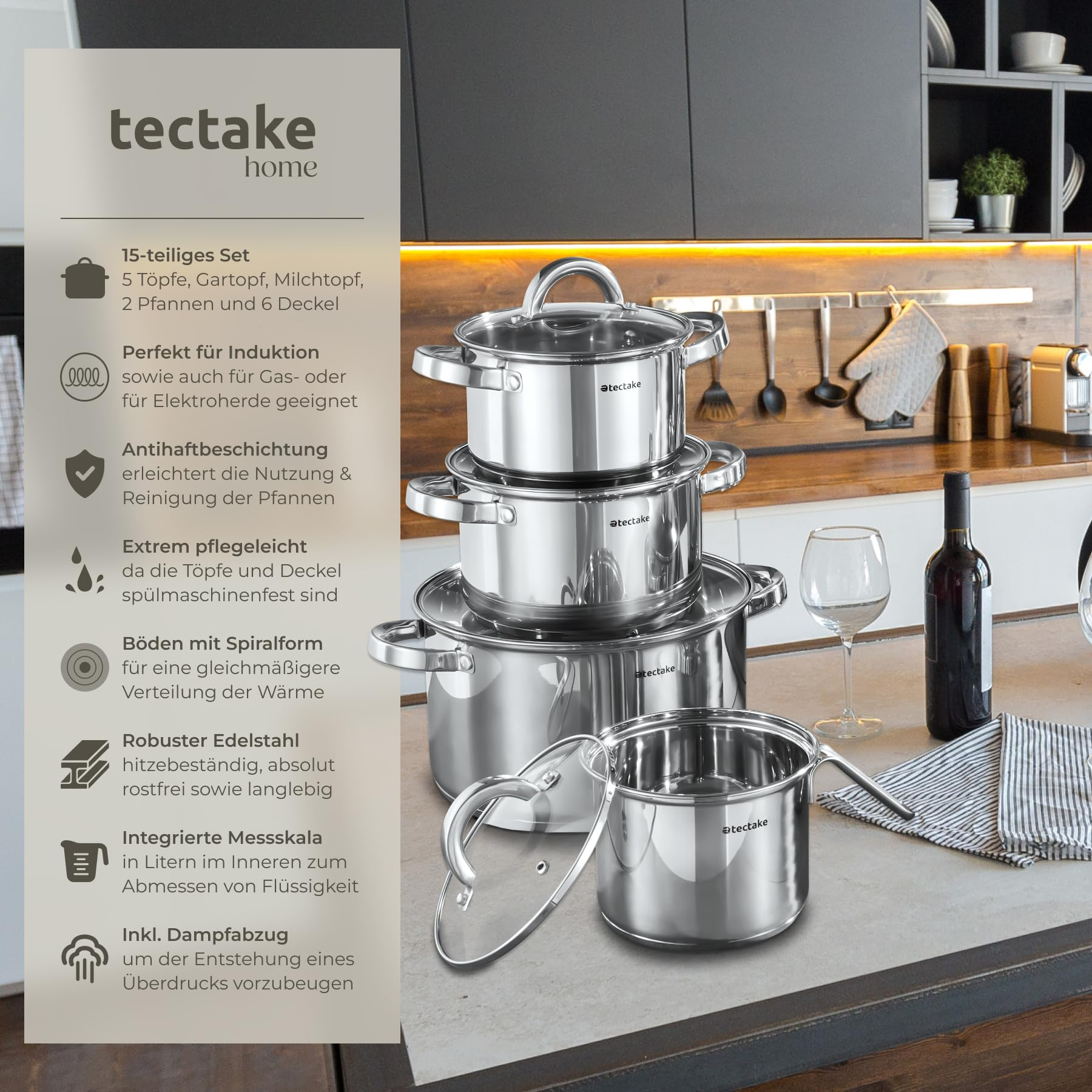 Batterie de cuisine en acier inoxydable Tectake sur un plan de travail avec texte.