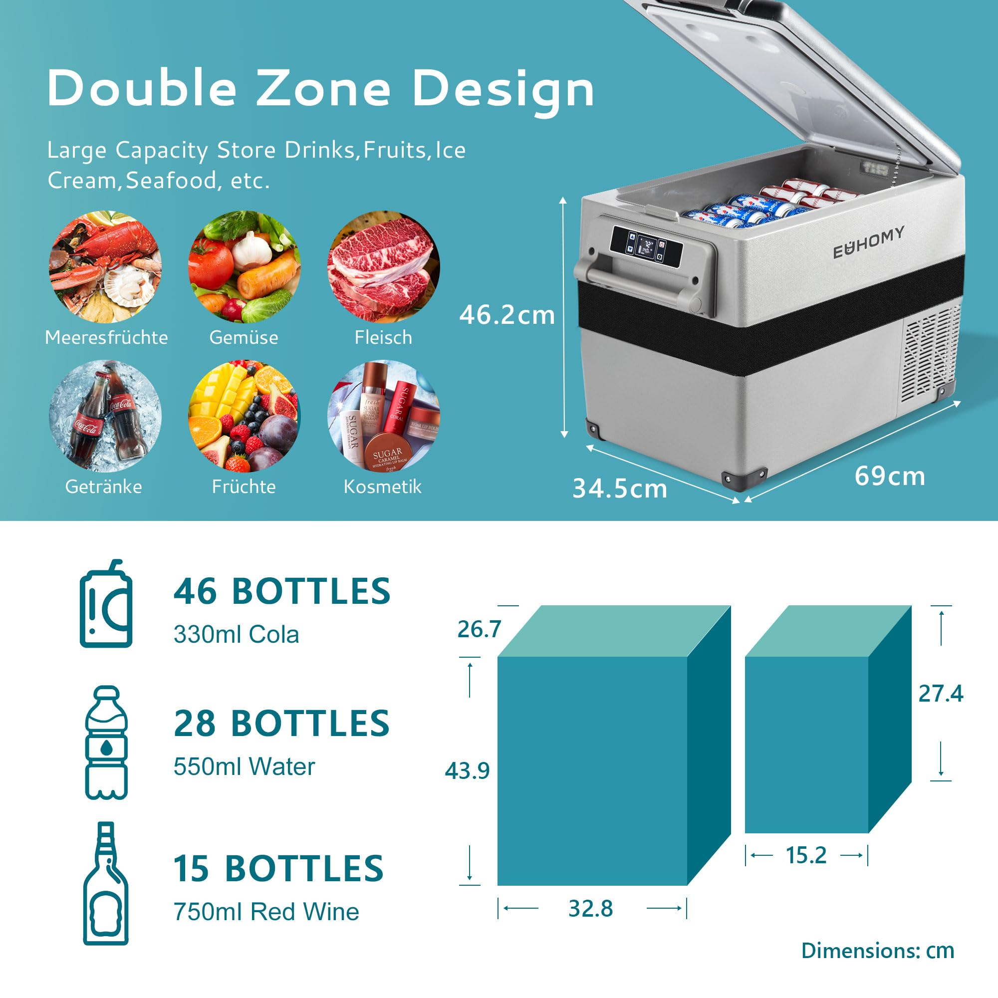 Infografica che mostra dimensioni e capacità di un frigo portatile a doppia zona pieno di bevande e cibo.