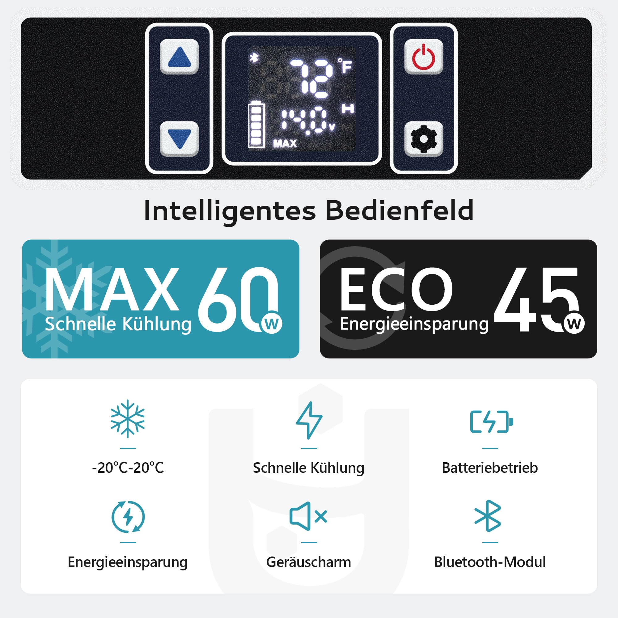 Pannello di controllo intelligente con display digitale, pulsanti e icone per dispositivi di raffreddamento.
