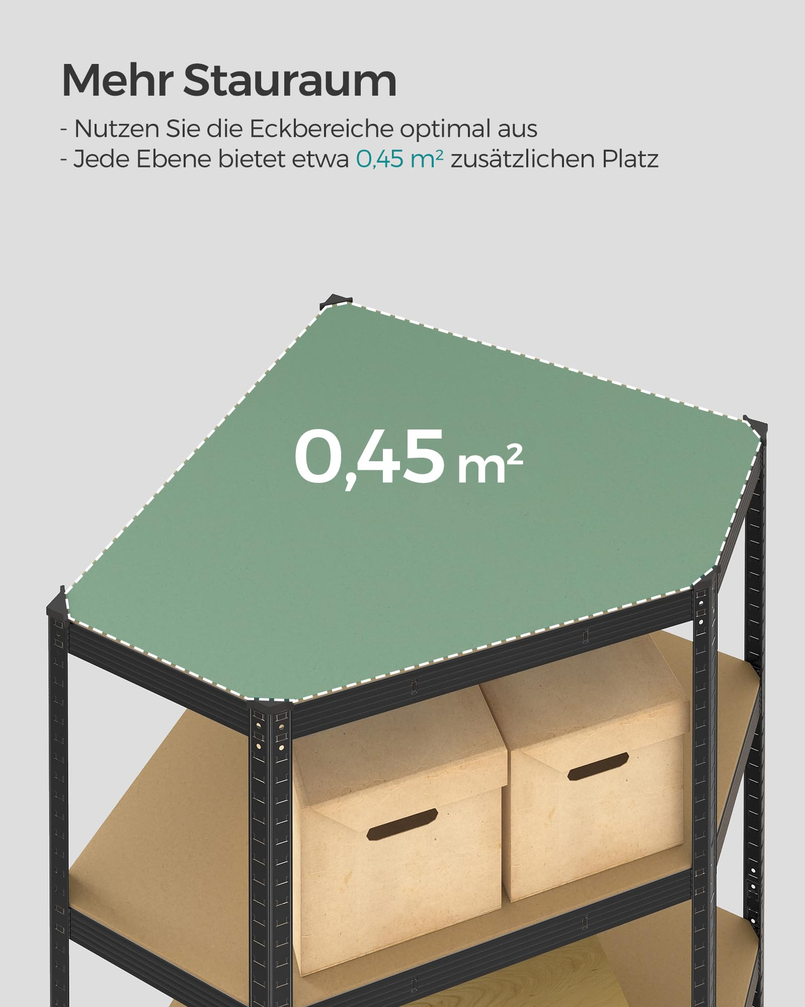 Eckregal mit Kartons und Text zur Raumnutzung.