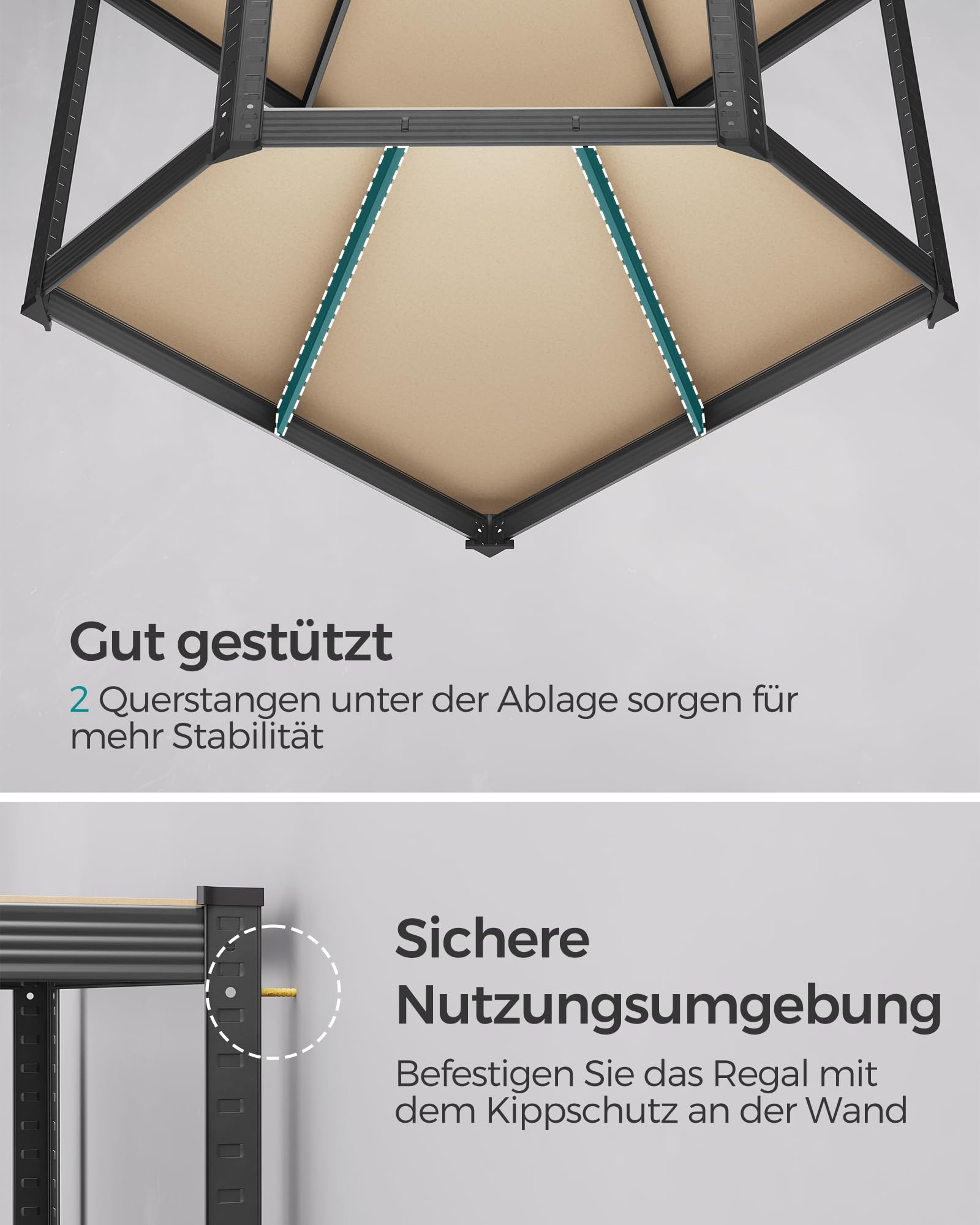 Nahaufnahme von Metallregal-Tragbalken und Wandverankerungshinweisen für mehr Sicherheit.