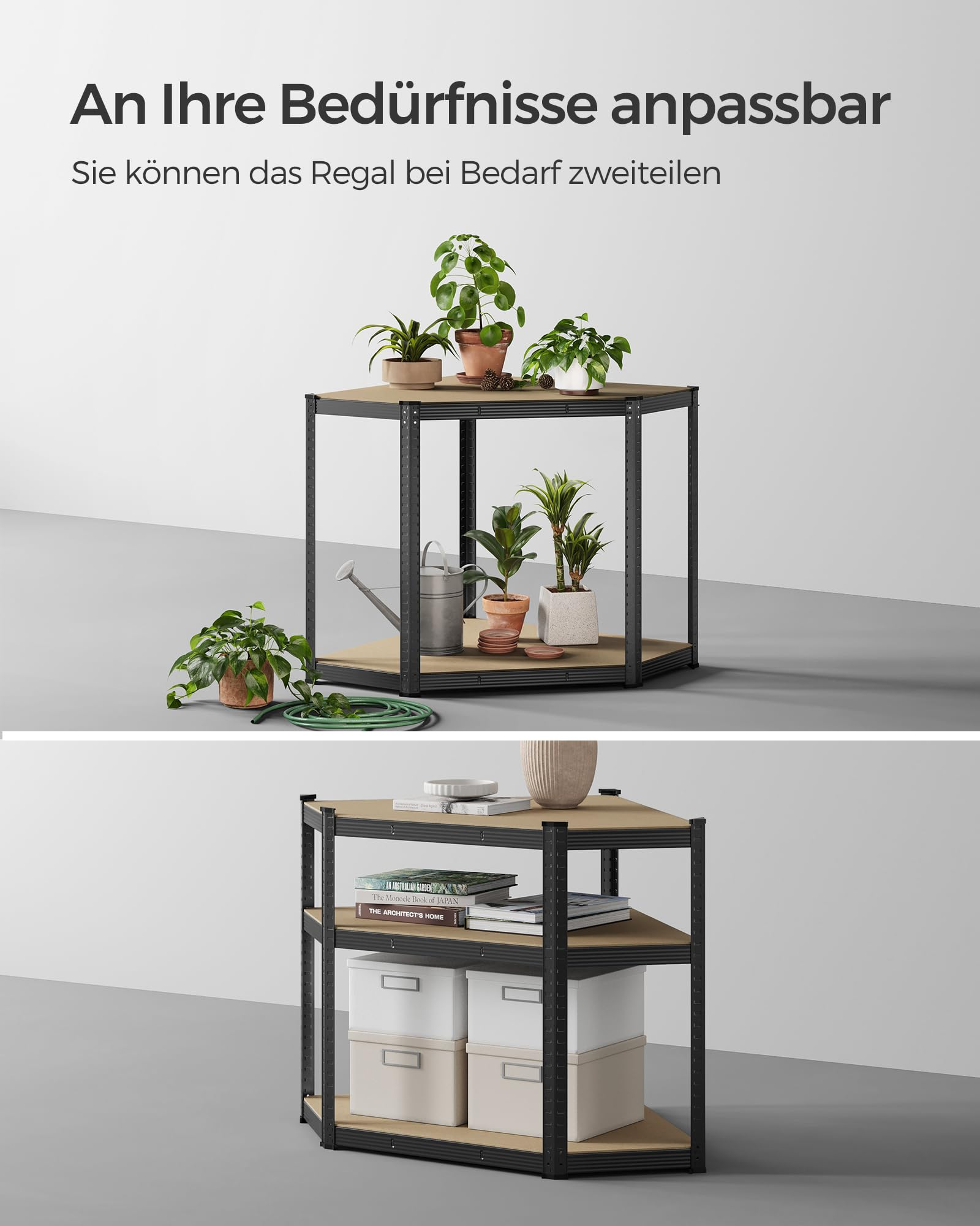 Zwei Abbildungen eines schwarzen Eckregals mit Holzböden, dekoriert mit Pflanzen und Aufbewahrungsboxen.