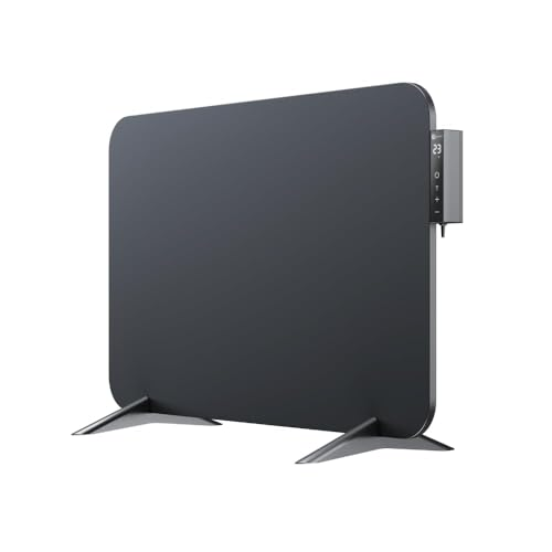 Un elegante termosifone a pannello grigio su due supporti con un pannello di controllo digitale.