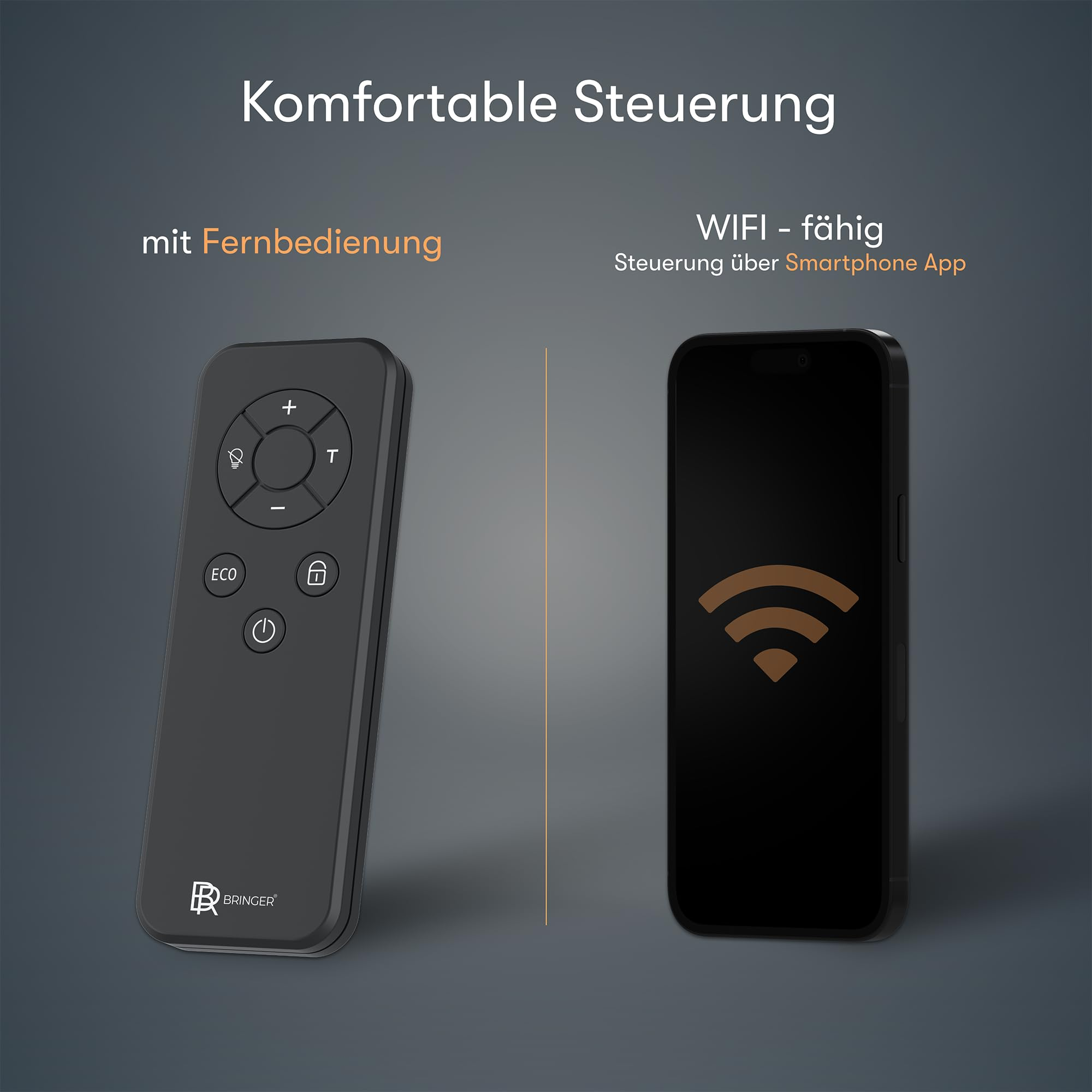 Un telecomando e uno smartphone con icona wifi su sfondo grigio mostrano un comodo controllo.