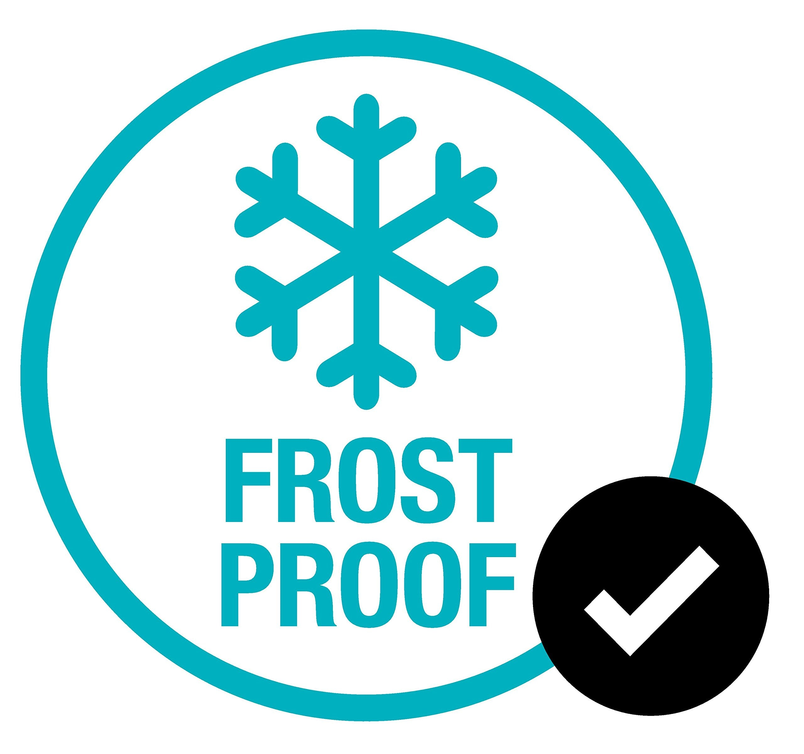 Ein türkisfarbener Kreis mit Schneeflocke, Text FROST PROOF und einem schwarzen Kreis mit weißem Häkchen.