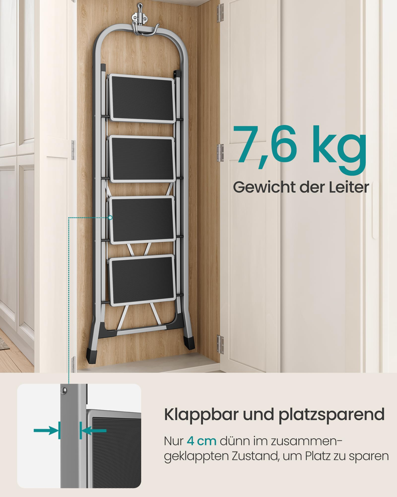 Faltbare Leiter mit 4 cm Dicke, hängend im Schrank mit Text zu Gewicht und Größe.