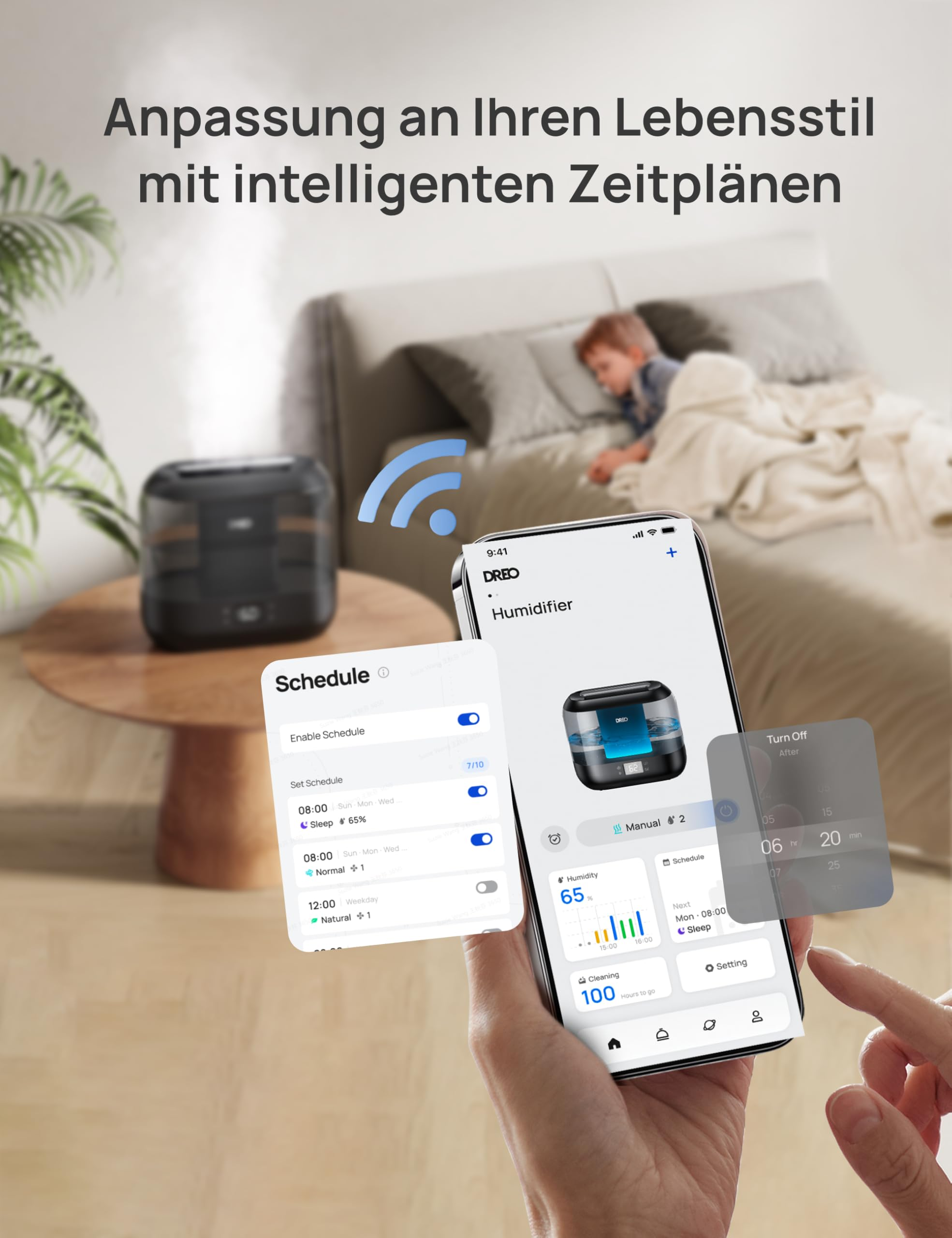 Un smartphone affiche les commandes d'un humidificateur avec programmation, avec un humidificateur noir en arrière-plan.