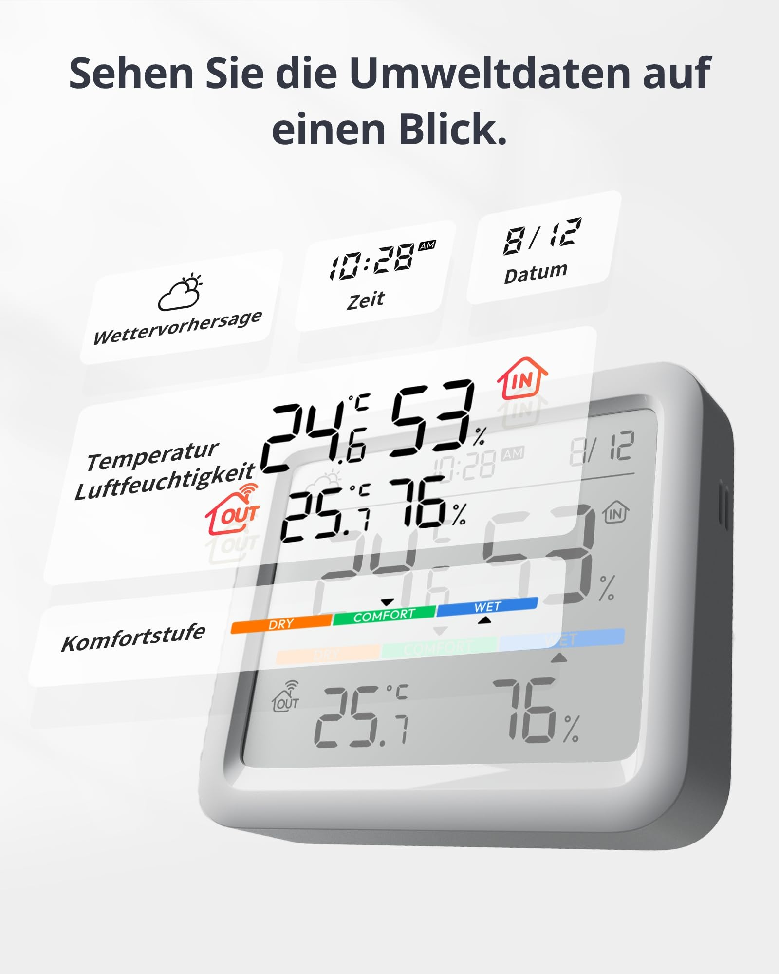 Station météo numérique avec affichage de la température et de l'humidité.
