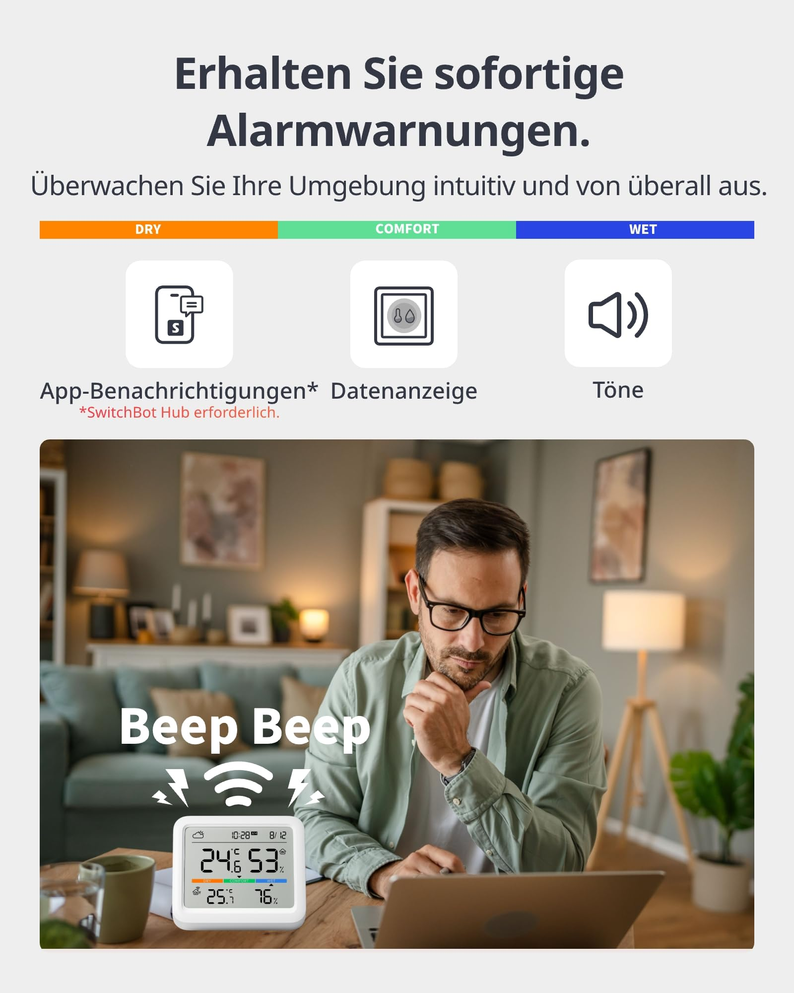 Un homme est assis à un ordinateur portable avec un thermomètre affichant Beep Beep.