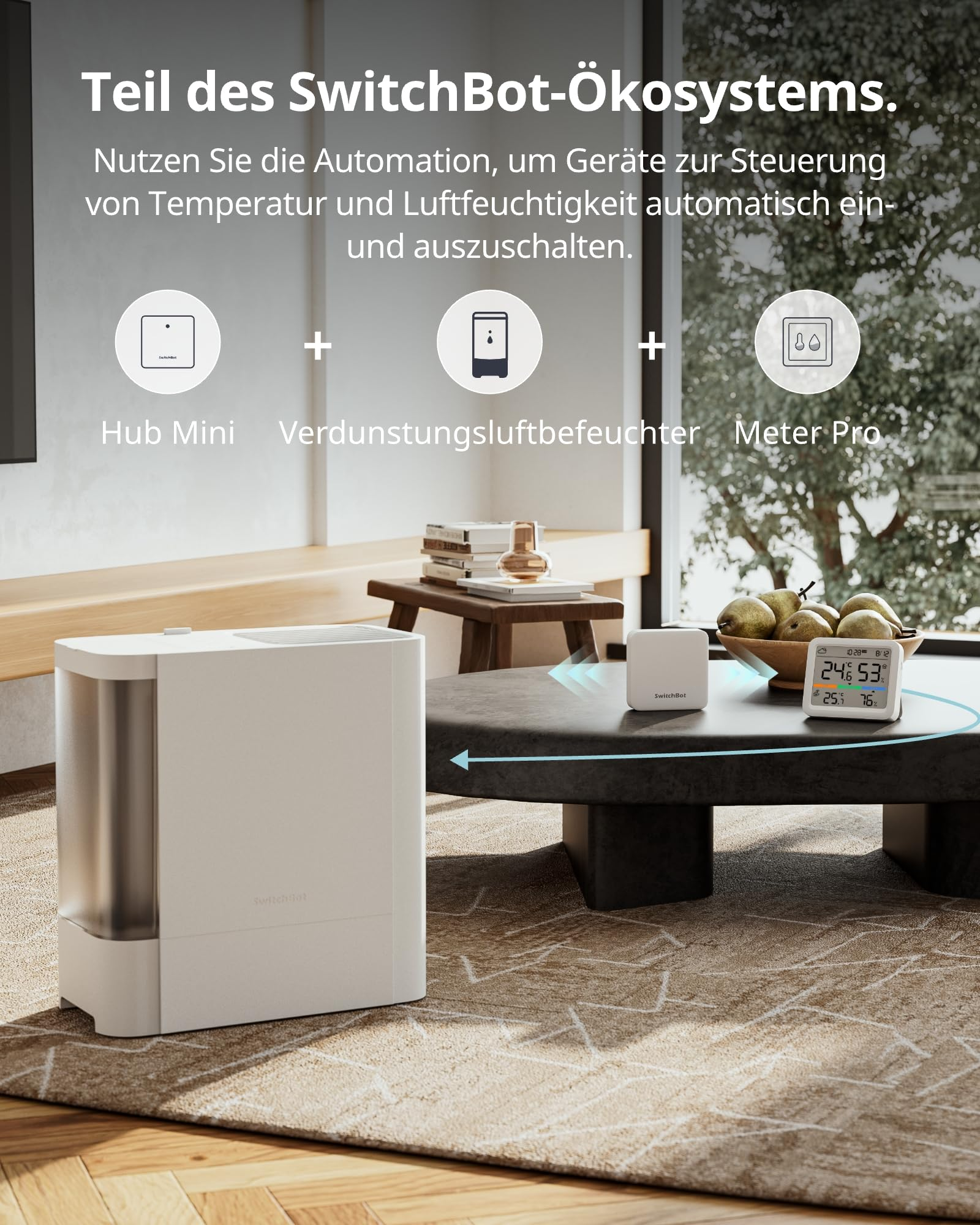 Écosystème SwitchBot avec Hub Mini, humidificateur et Meter Pro pour le contrôle climatique.
