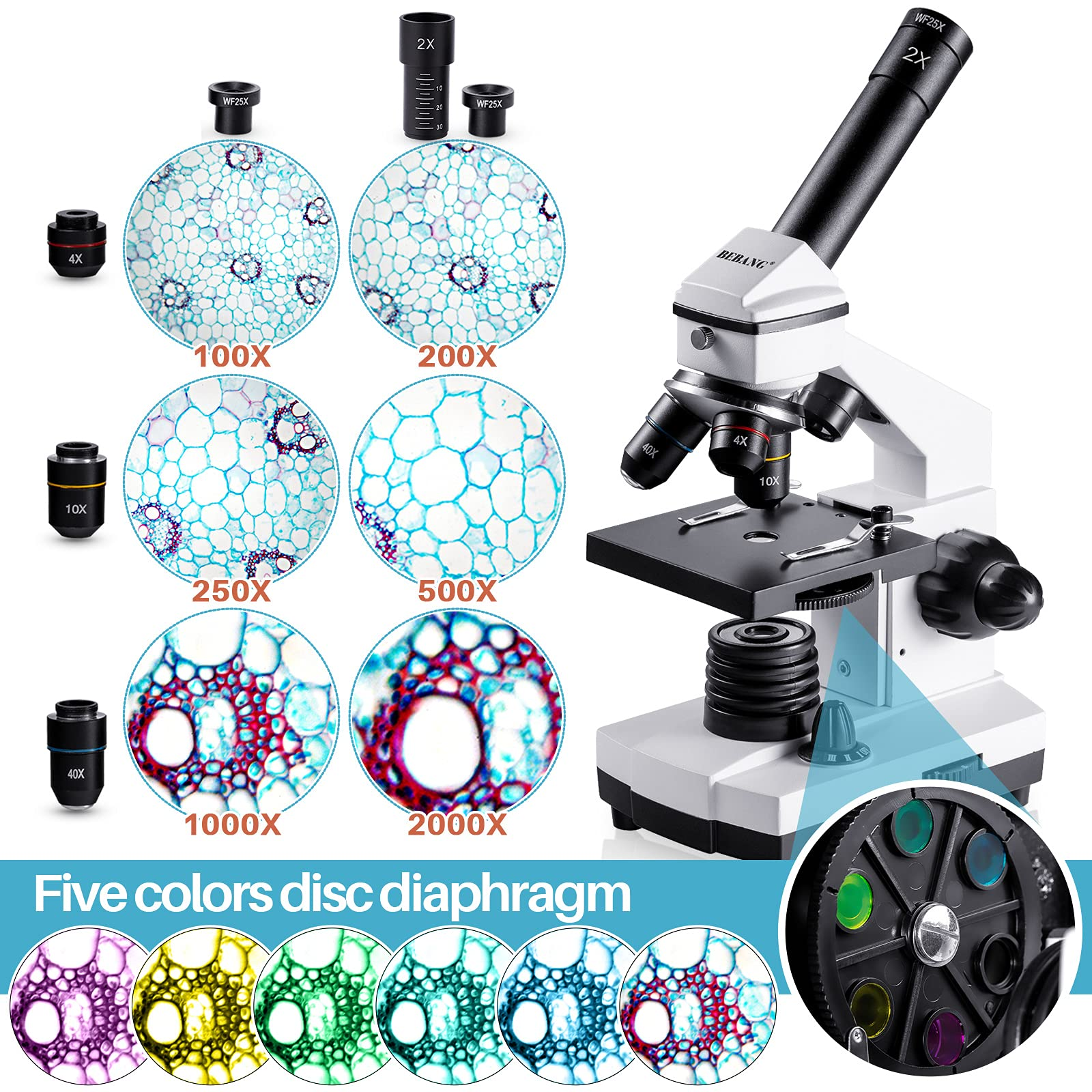 Un microscopio bianco con vari livelli di ingrandimento, obiettivi e un diaframma a disco di colore.