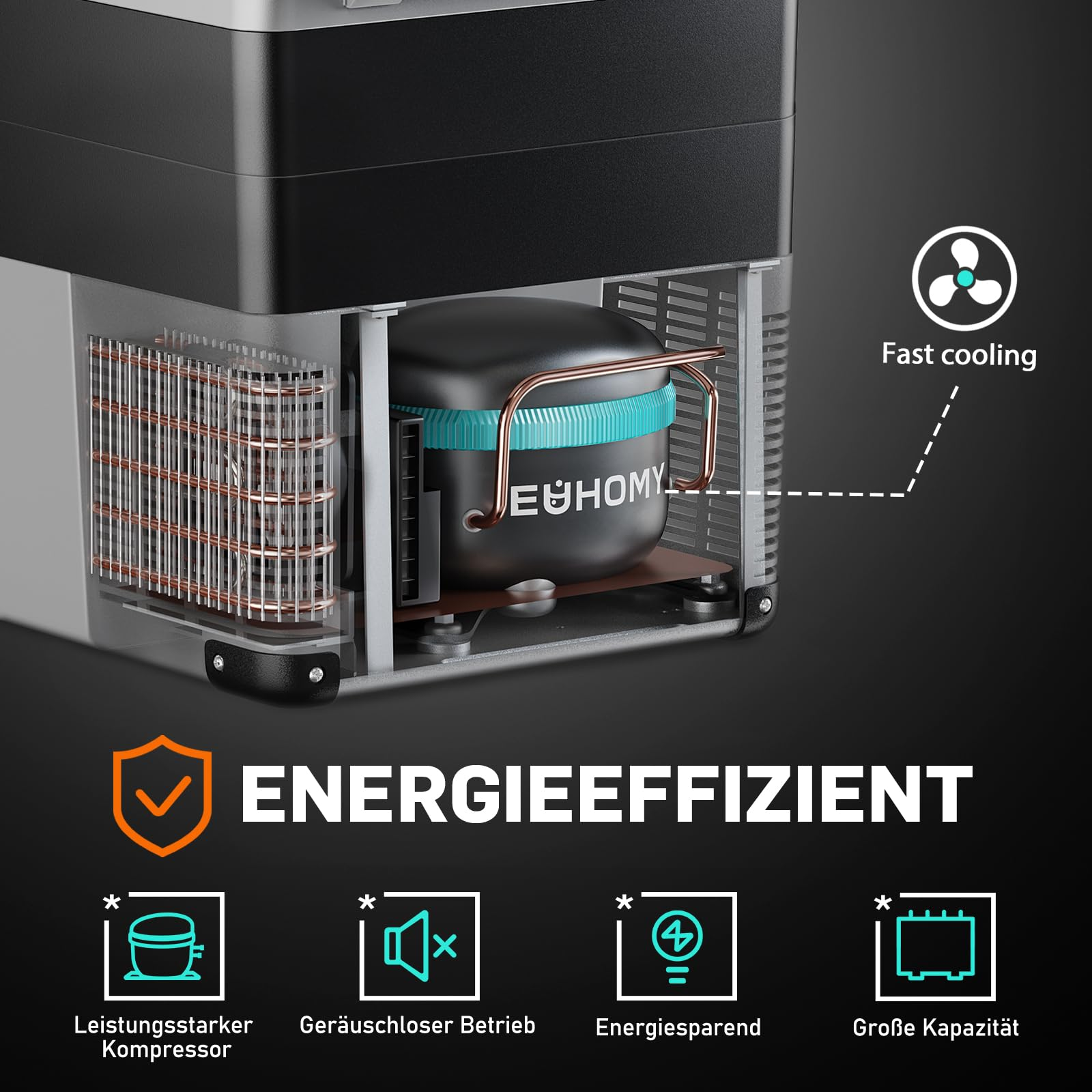 Querschnitt eines Kompressors mit Kupferrohren und Euhomy-Logo, darunter Symbole für Energieeffizienz.