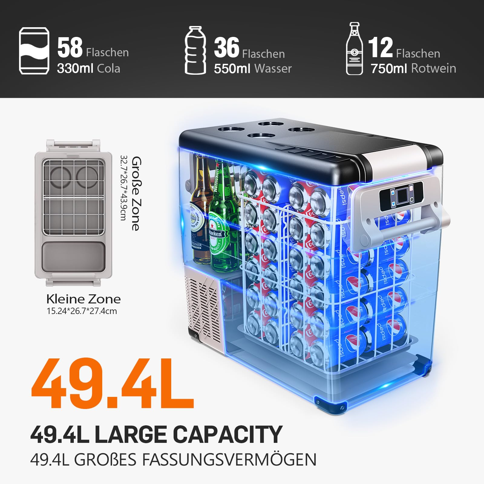 Diagramm zeigt die 49,4L Kapazität eines tragbaren Kühlgeräts, gefüllt mit Dosen und Flaschen.