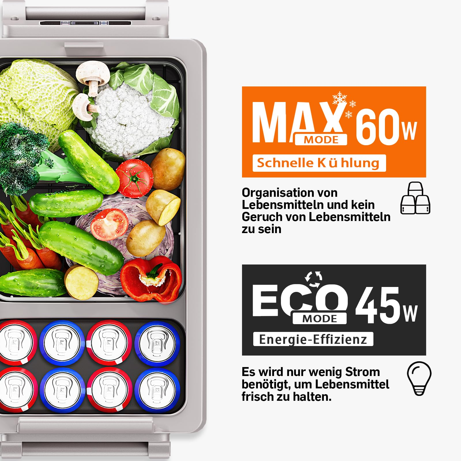 Tragbarer Kühlschrank mit frischem Gemüse und Getränken, mit Max- und Eco-Modus-Details.