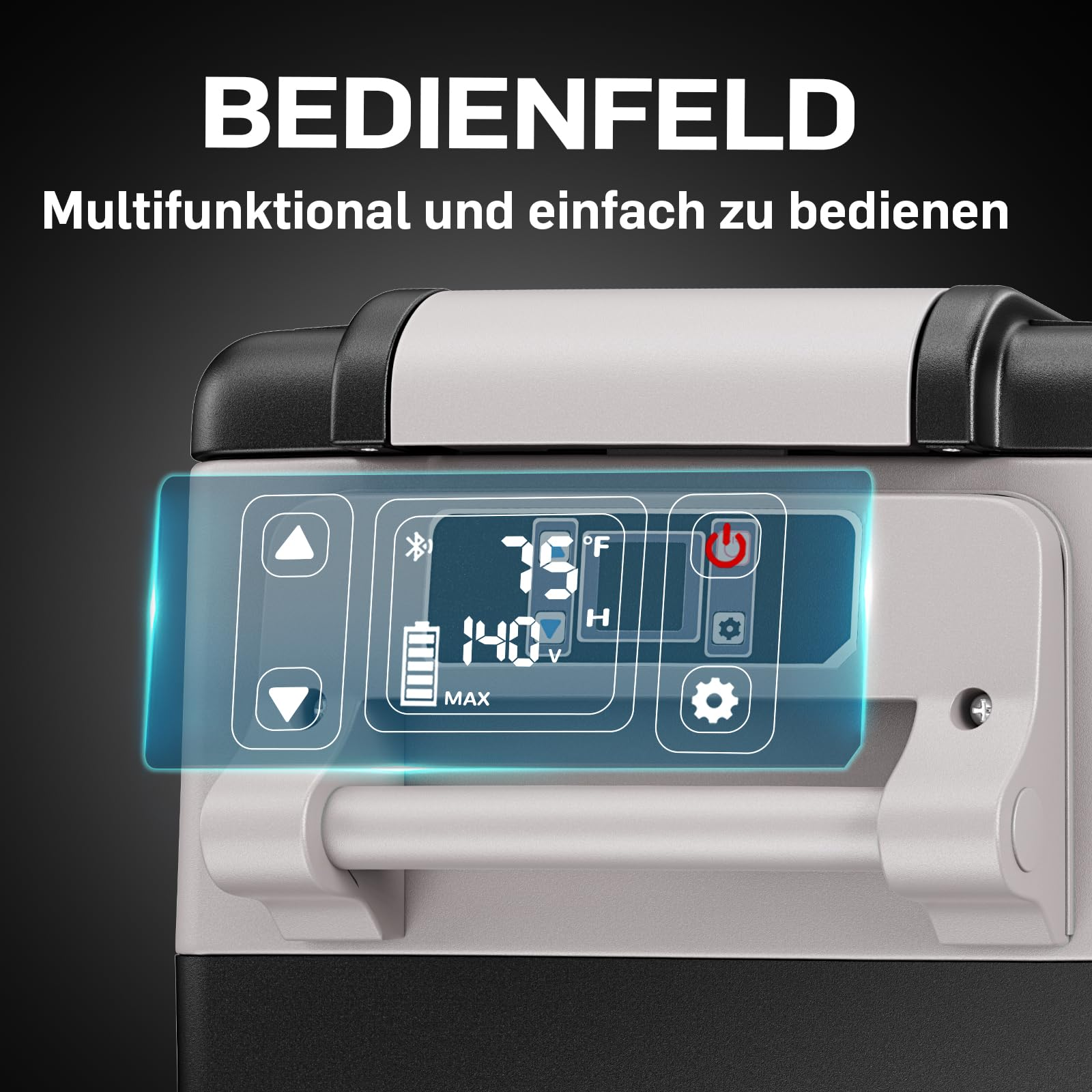 Digitale Anzeige und Tasten auf der Vorderseite eines tragbaren Kühlschranks mit Griff.