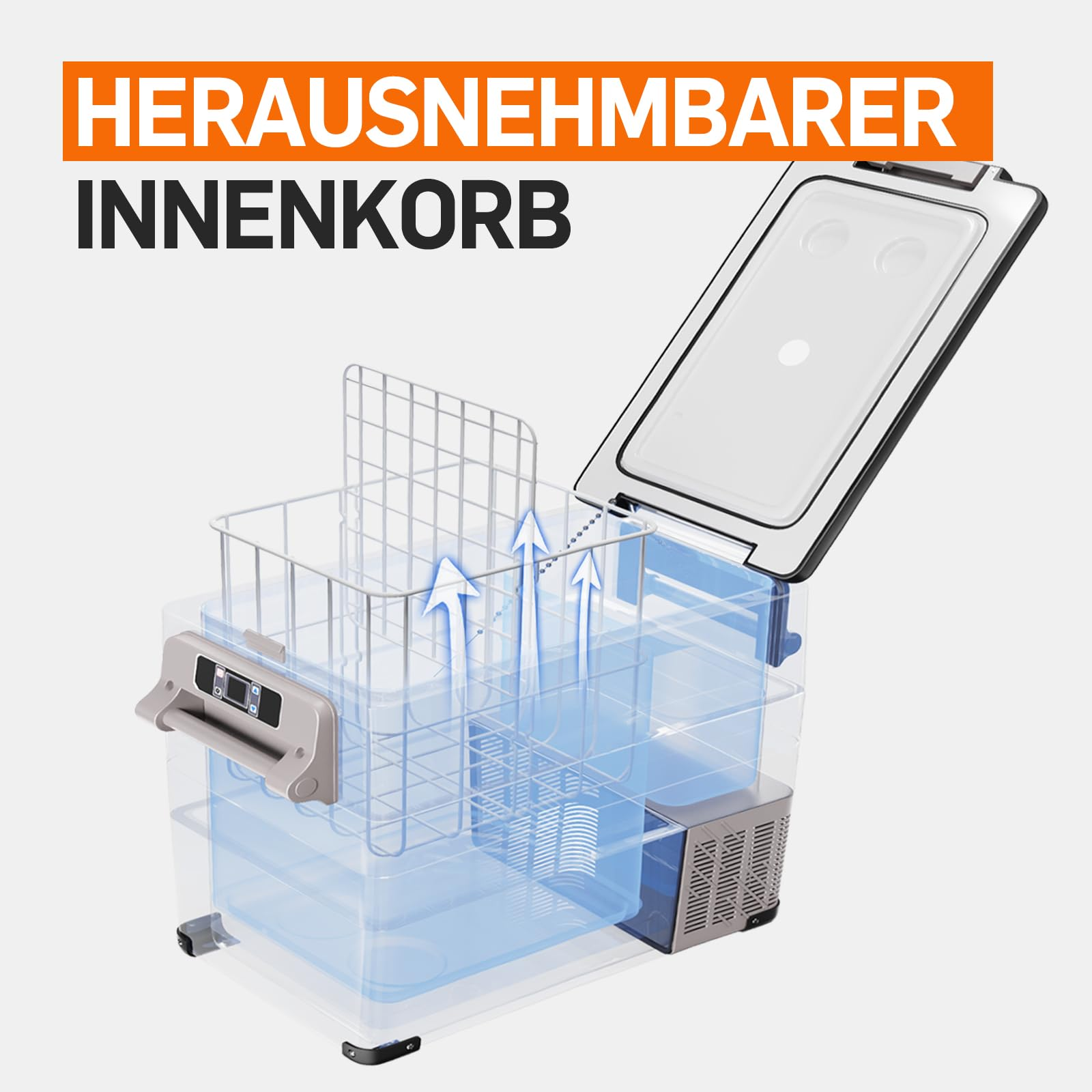 Diagramm einer tragbaren Kühlbox mit herausnehmbarem Innenkorb und aufklappbarem Deckel.