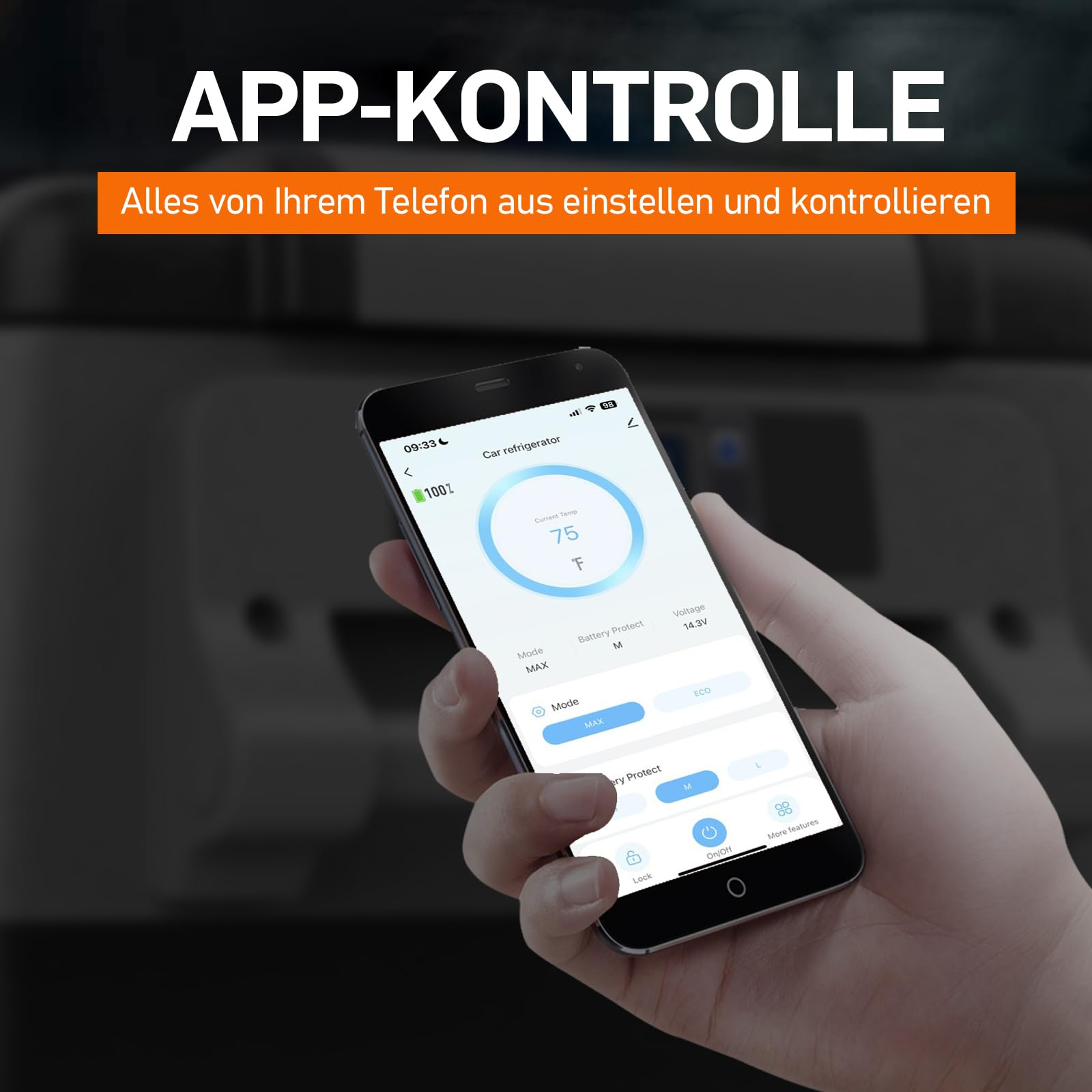 Hand hält Smartphone mit App zur Steuerung eines Autokühlschranks, im Hintergrund Text und Gerät.