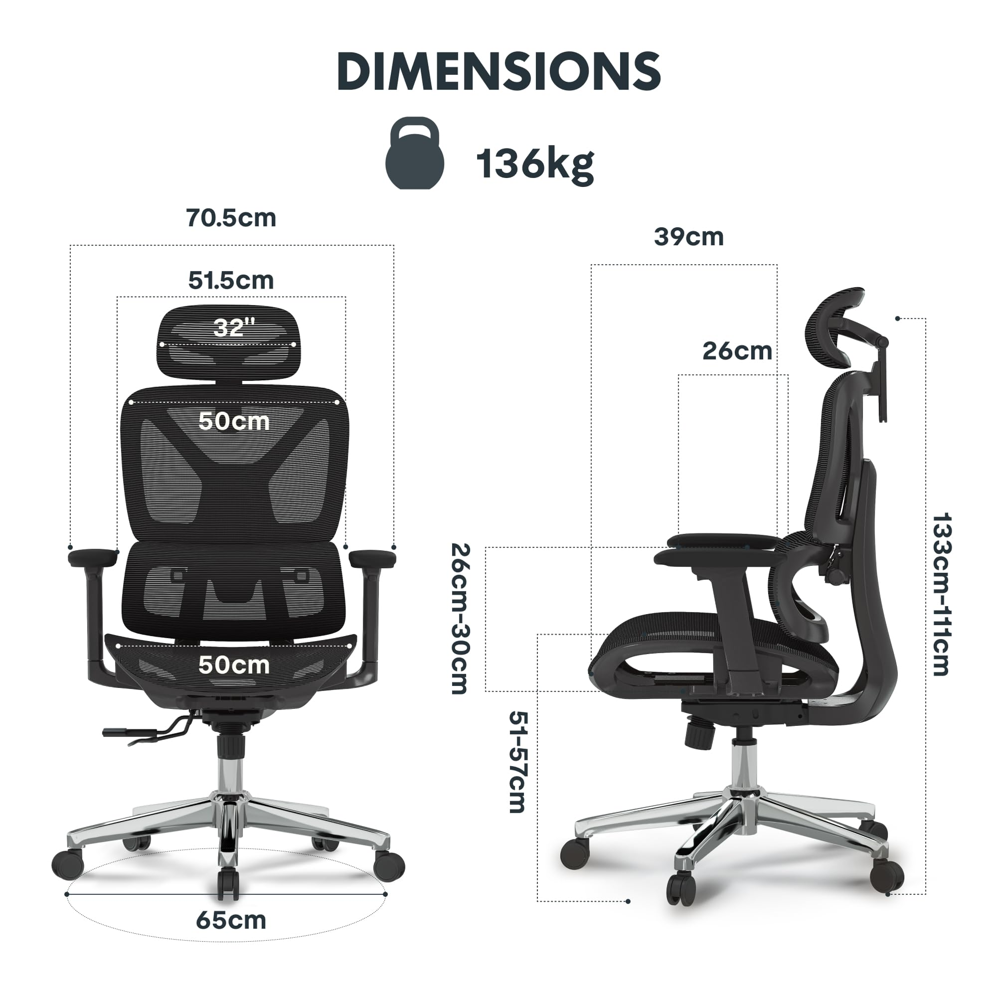 Dessin technique d'une chaise de bureau ergonomique noire avec dimensions.