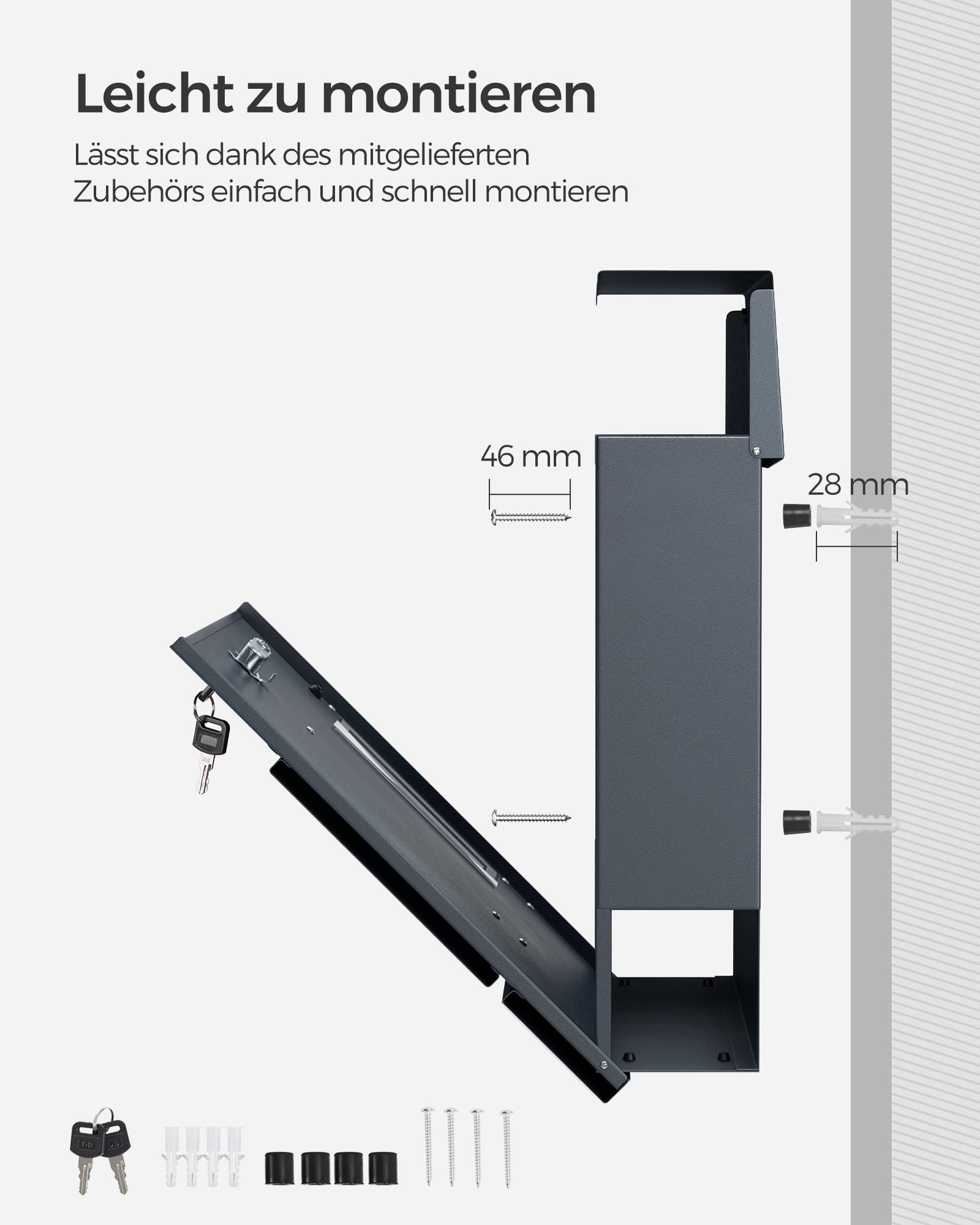 Diagramme montrant le montage facile d'un boîtier mural gris foncé avec vis, chevilles et texte allemand.