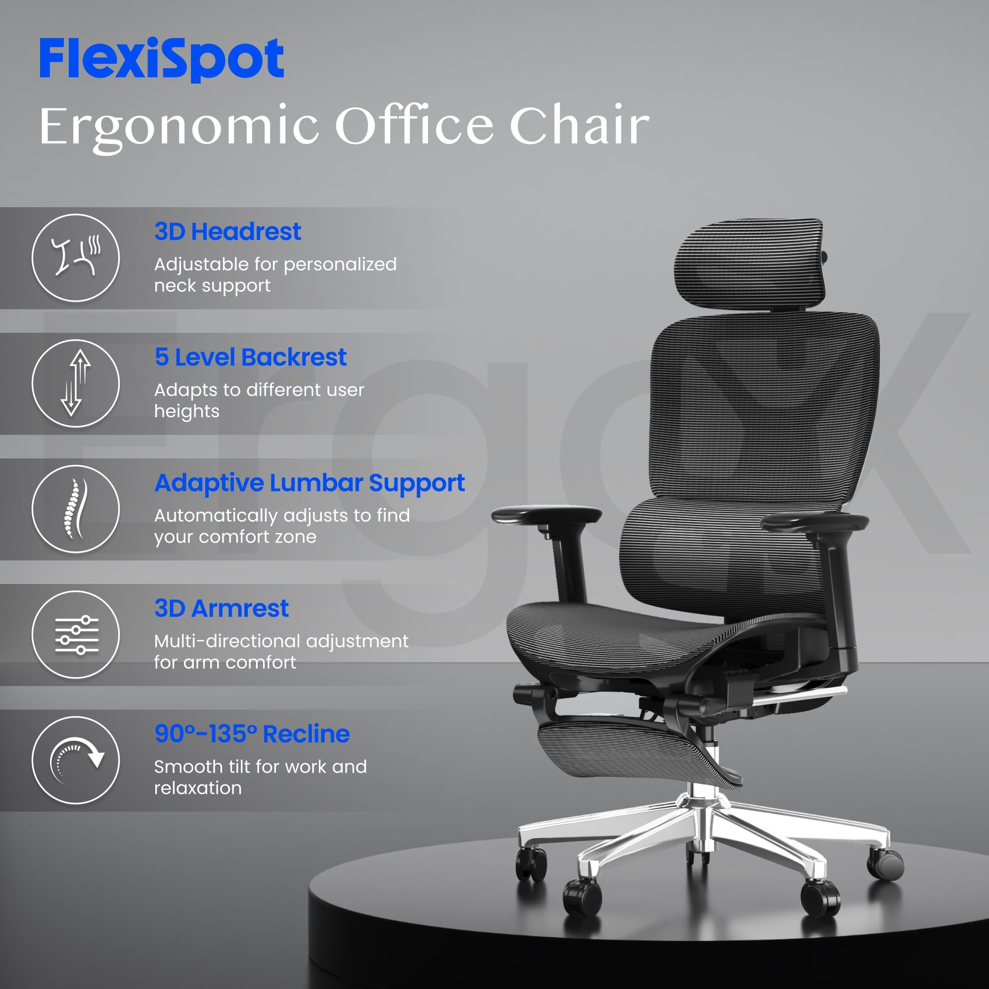 Chaise de bureau noire ergonomique avec appui-tete reglable, accoudoirs et soutien lombaire sur fond gris.