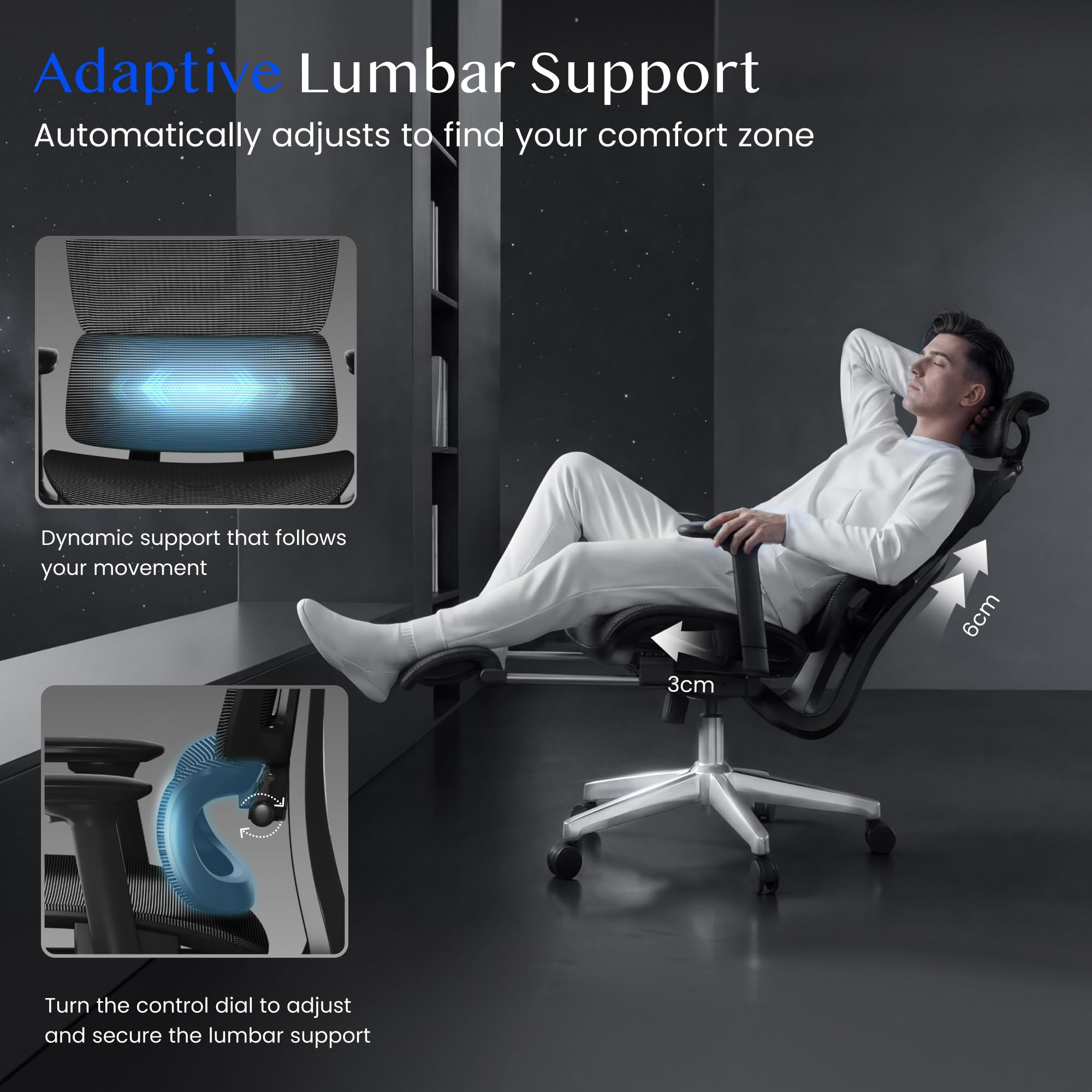 Un homme se détend dans une chaise noire ergonomique avec soutien lombaire adaptatif et repose-pieds.