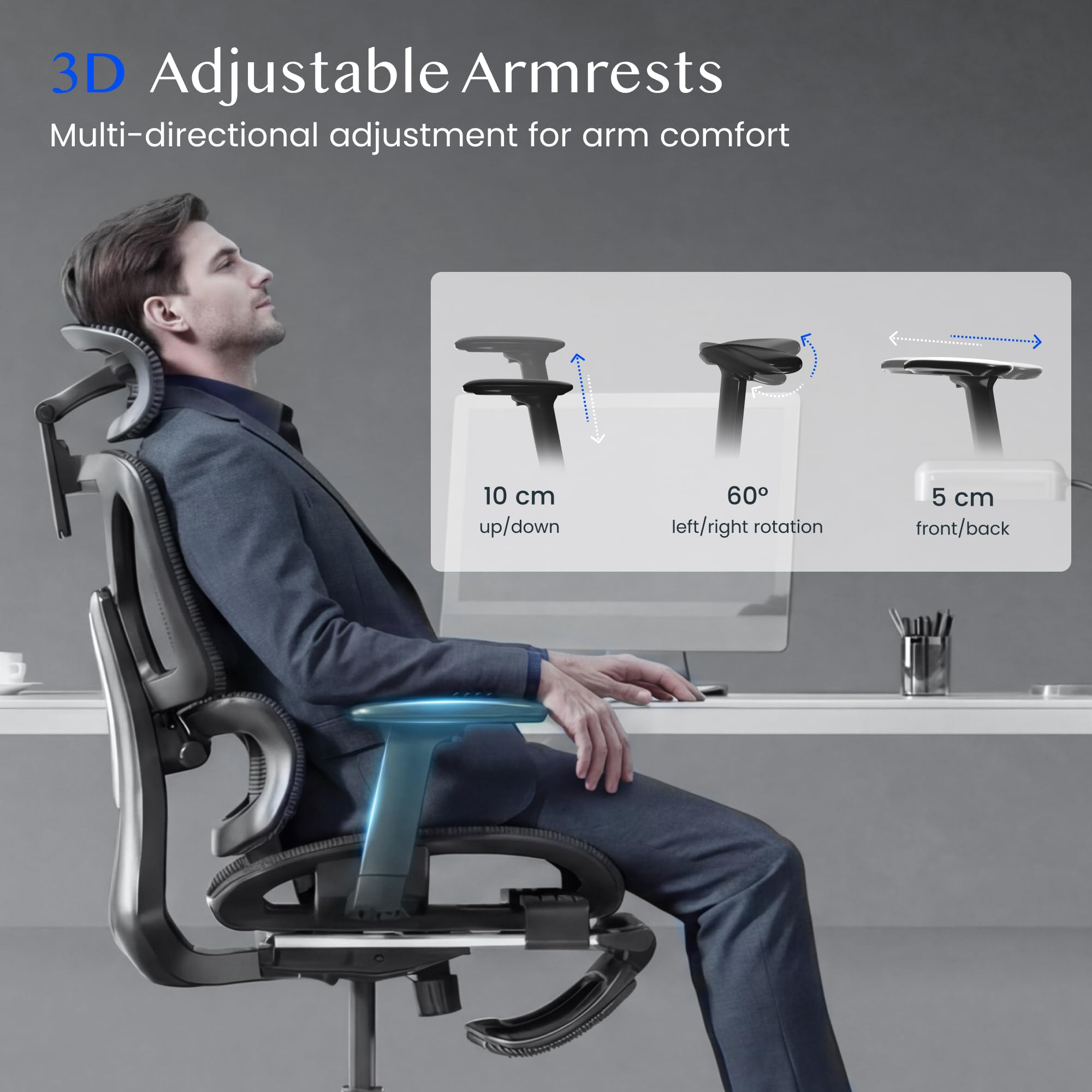 Un homme est assis sur une chaise de bureau ergonomique, avec des diagrammes illustrant les accoudoirs 3D.