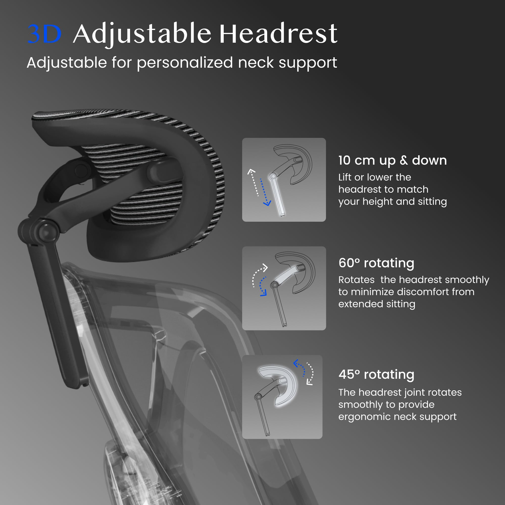 Appuie-tête réglable en 3D avec fonctions de hauteur et de rotation.
