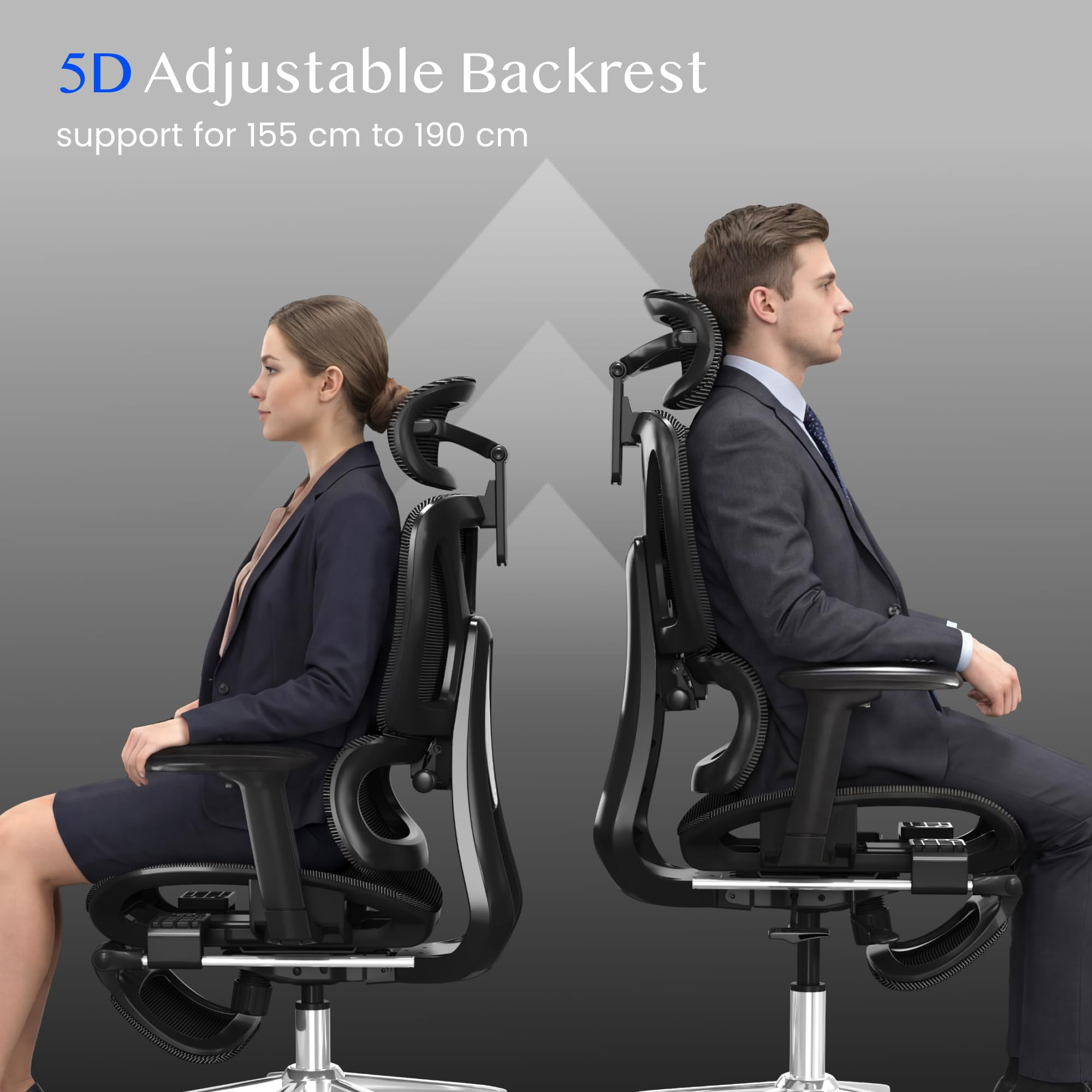 Une femme et un homme sont assis sur des chaises de bureau ergonomiques avec dossiers réglables.