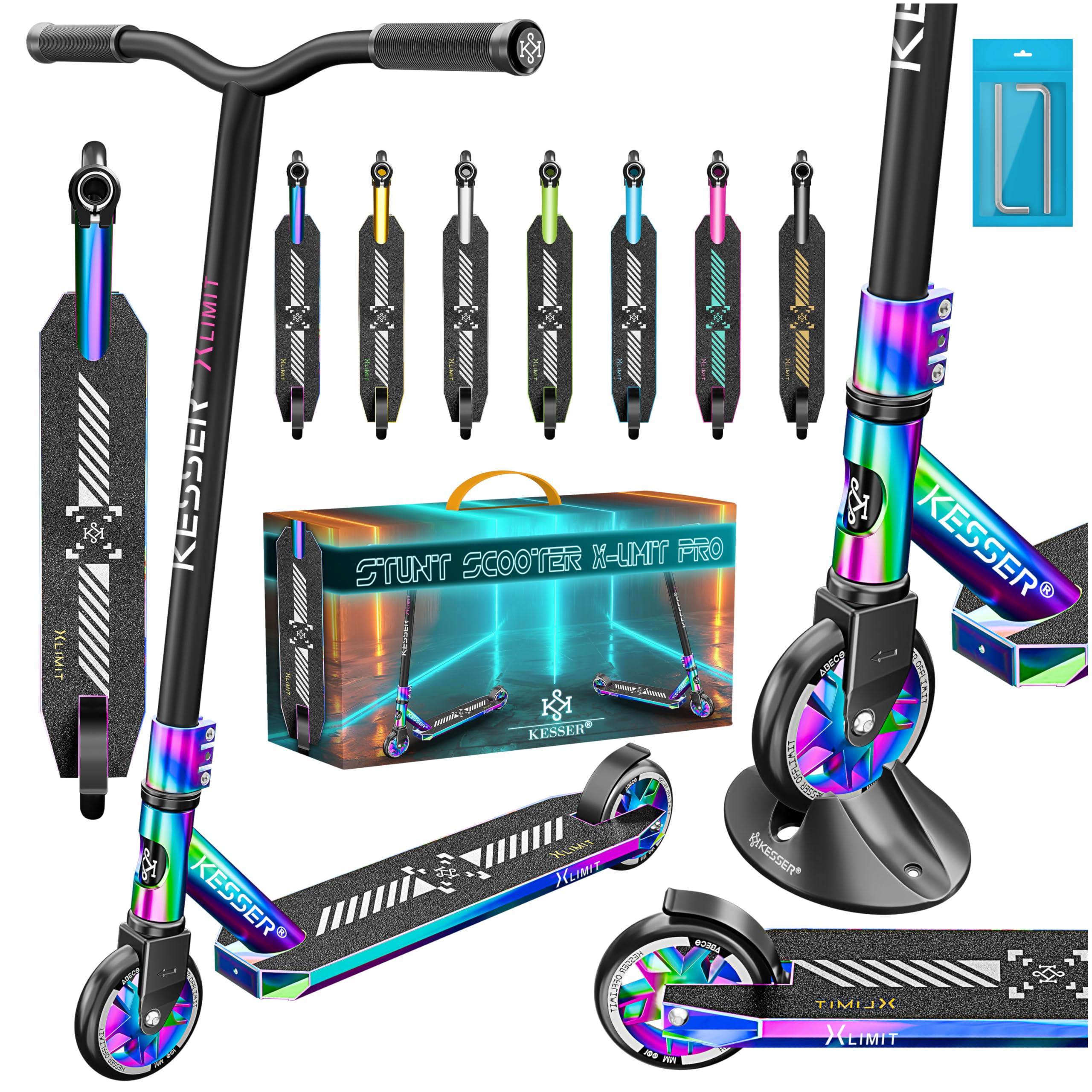 Trottinette freestyle Kesser X-Limit Pro noire avec accents arc-en-ciel, boîte et accessoires.