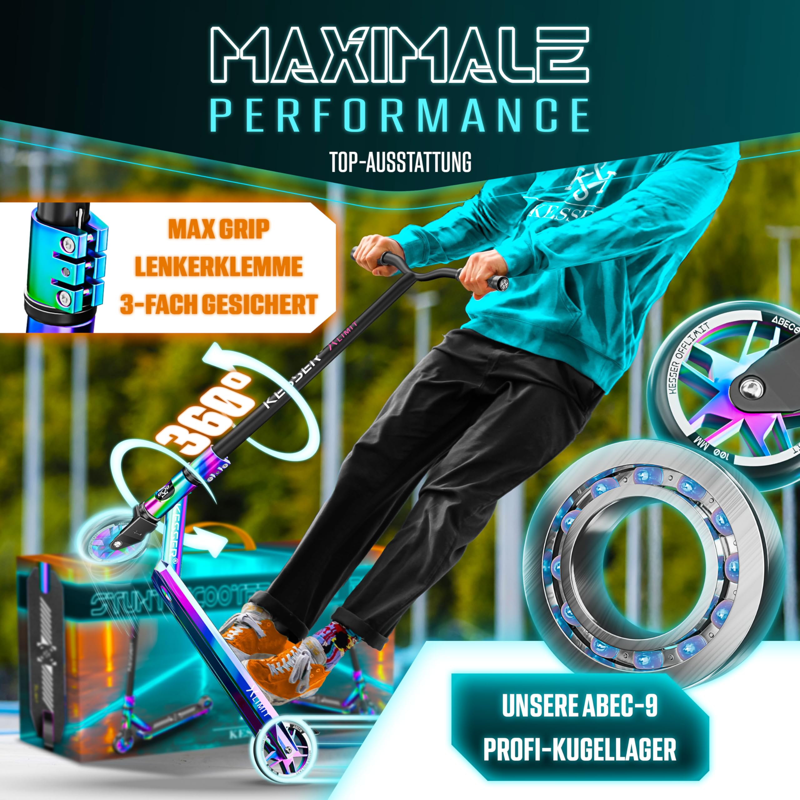 Personne sur trottinette freestyle avec graphiques montrant collier, roues et roulements.