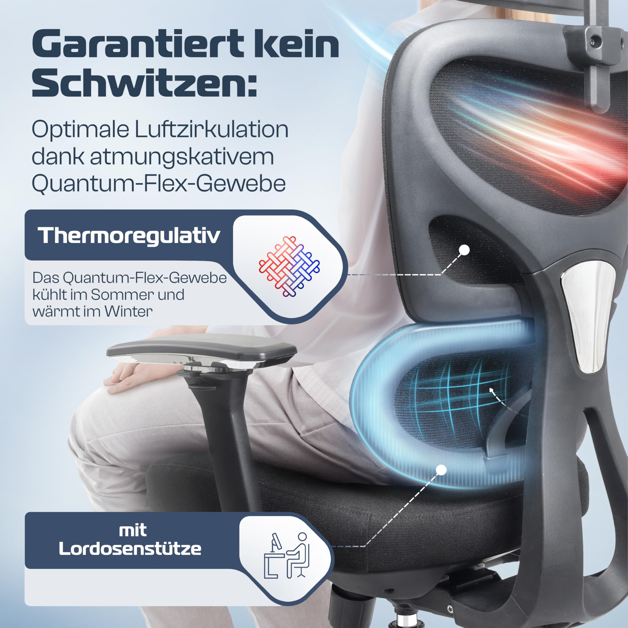 Chaise de bureau avec tissu mesh respirant, soutien lombaire et thermorégulation pour le confort.