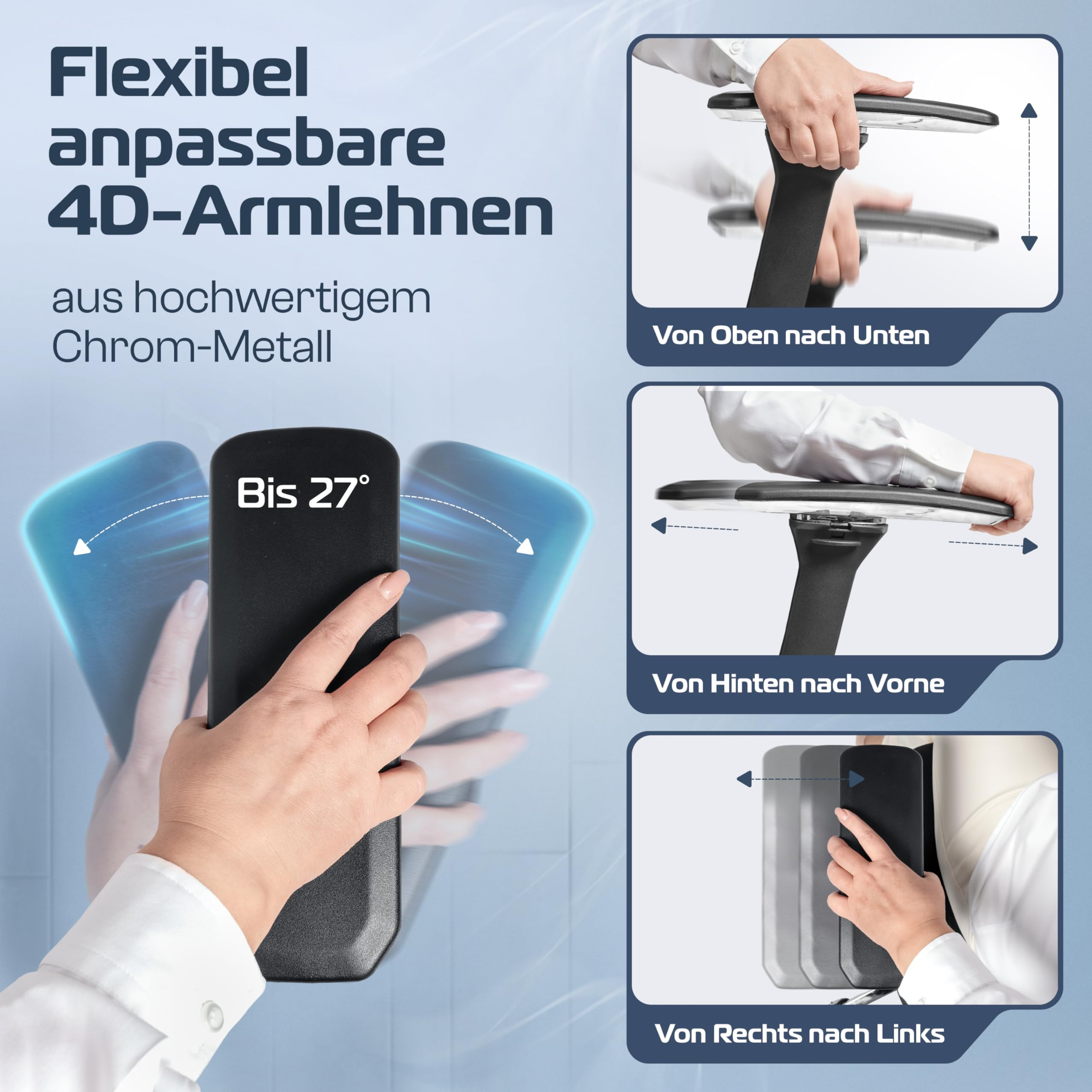 Graphique montrant quatre vues d'accoudoirs 4D en métal flexibles et réglables.
