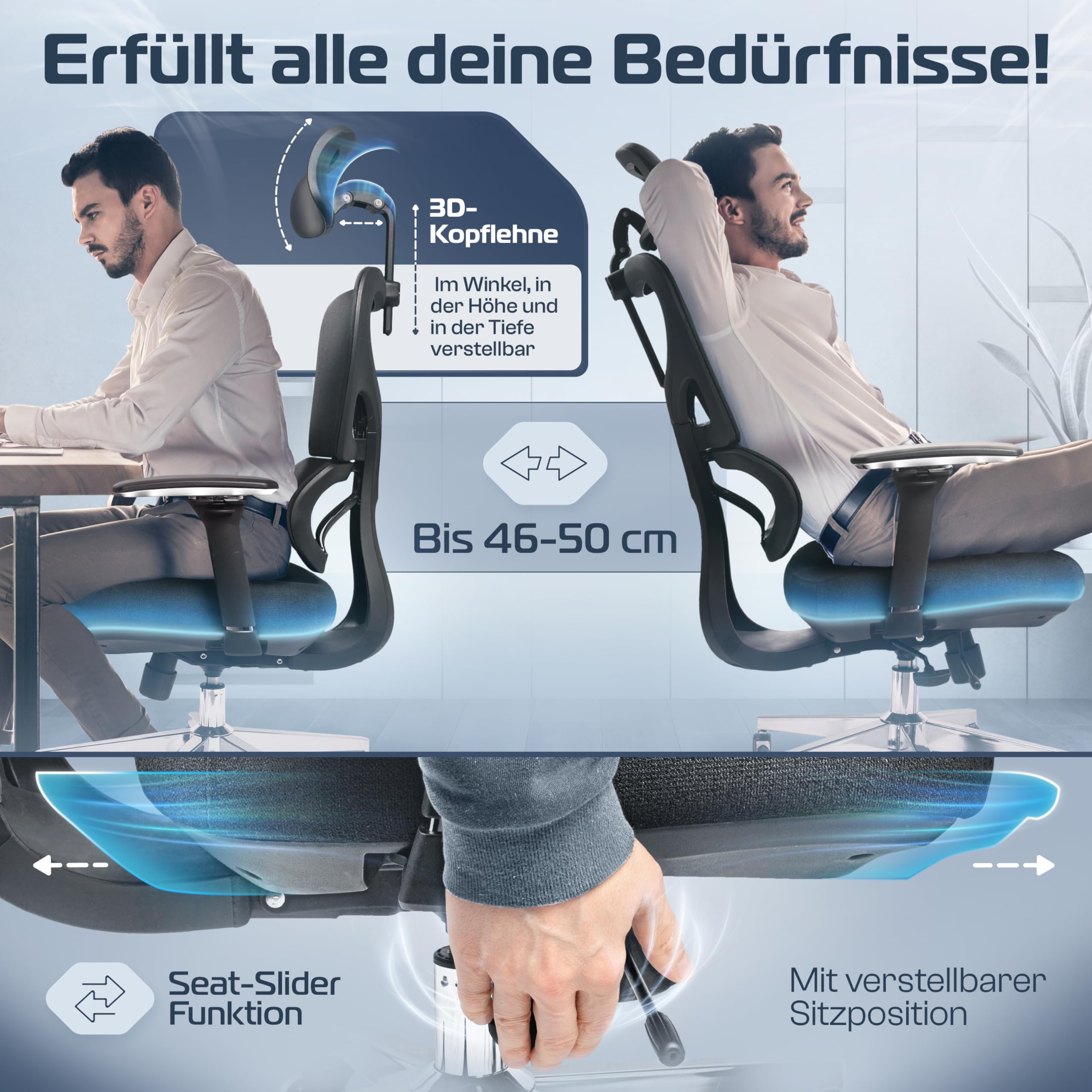 Une chaise de bureau ergonomique avec appui-tête, profondeur d'assise et inclinaison réglables.