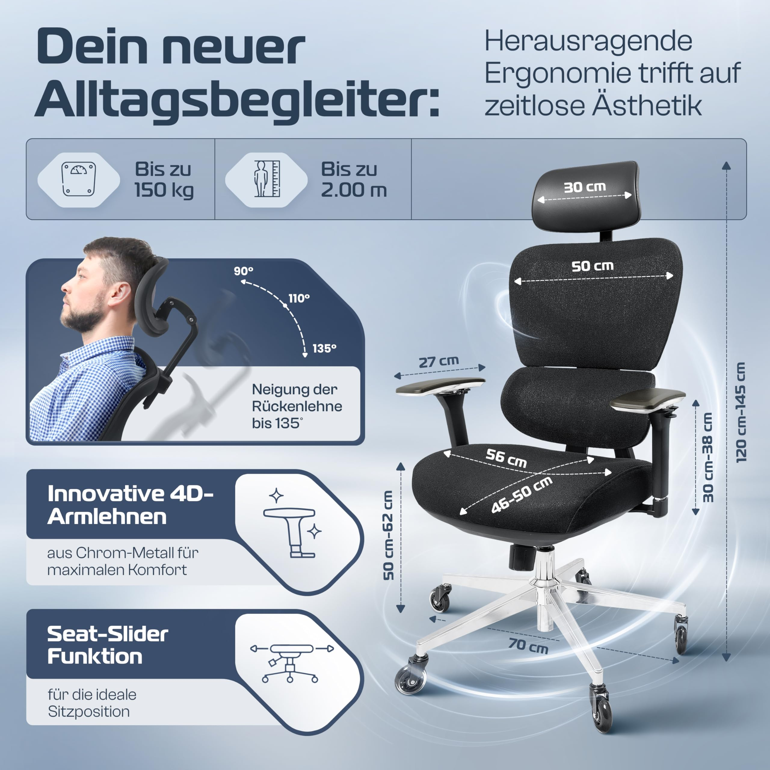 Chaise de bureau noire ergonomique avec dimensions et détails fonctionnels sur fond clair.