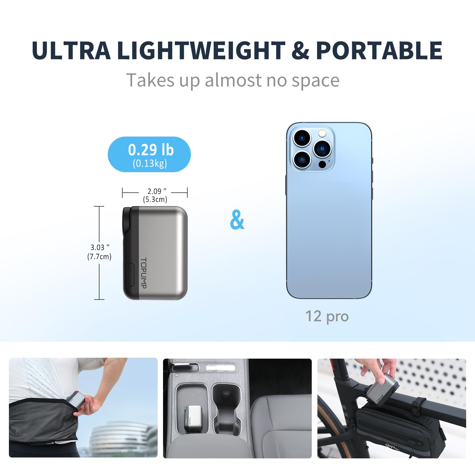 Produktwerbung zeigt ein kleines graues Gerät mit Maßen, Gewicht und Verwendungsbeispielen neben einem iPhone 12 Pro.