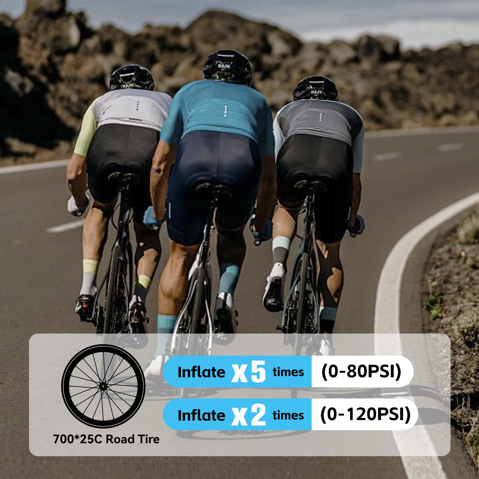 Drei Radfahrer fahren auf einer Asphaltstraße, mit einem Infografik-Overlay zu Reifendruck und Aufpumpen unten.