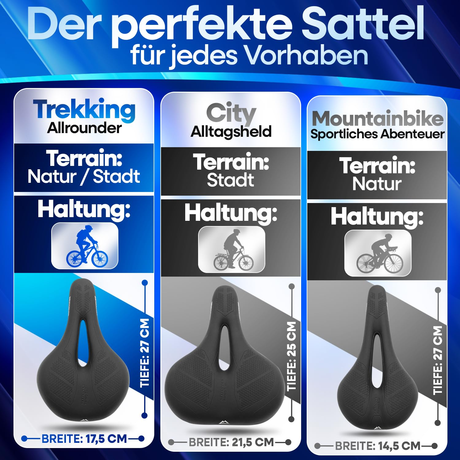 Confronto di tre selle per bicicletta: trekking, città e mountain bike con dimensioni e postura.