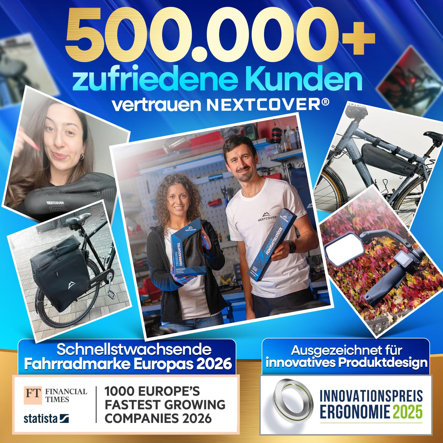 Collage di immagini con clienti, parti di biciclette e testo su NEXTCOVER con oltre 500.000 clienti felici.
